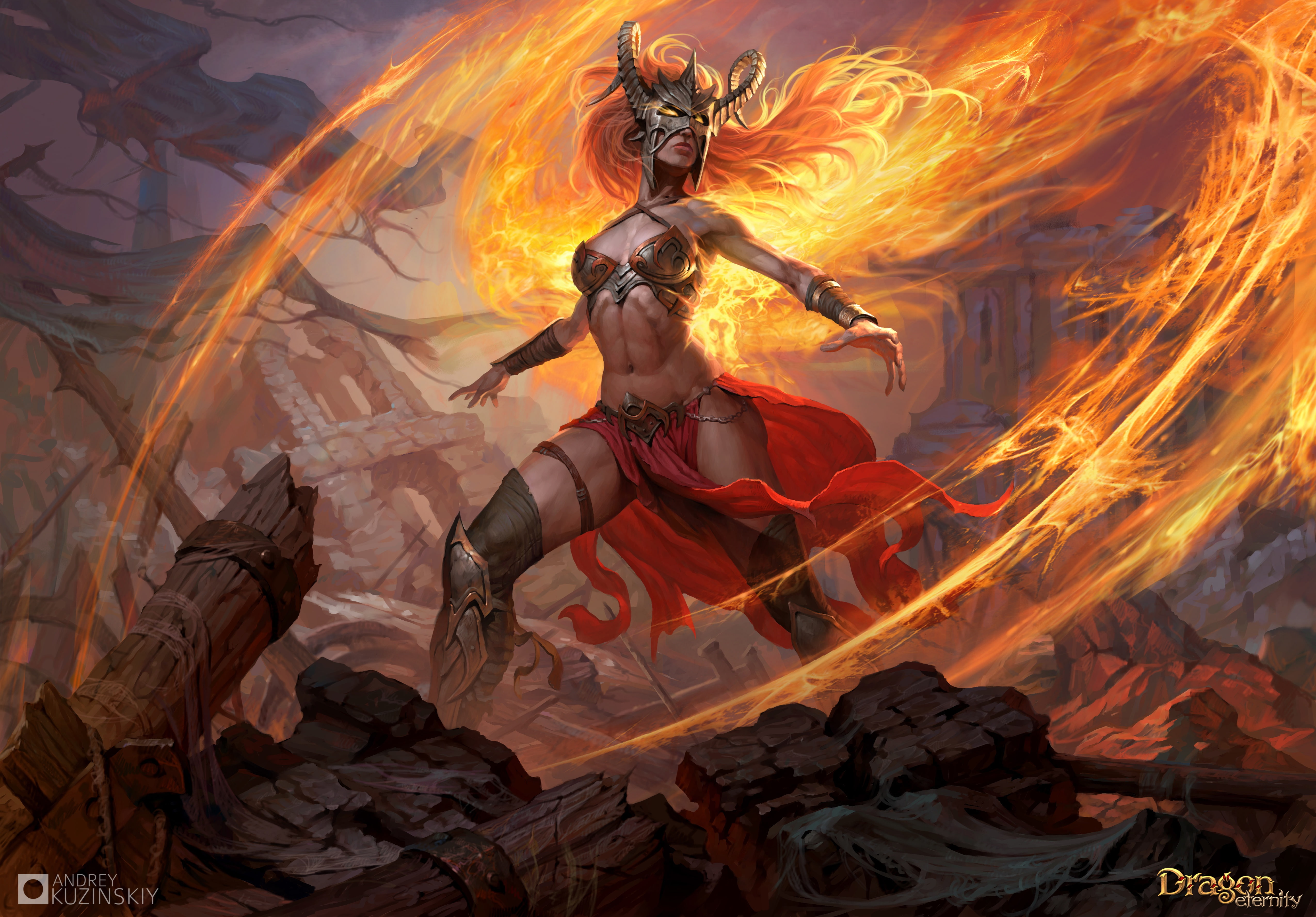 magic, art, girl, fire, Dragon Eternity, 4K, Andrew Kosinski, Dragons Of Eternity, HD Wallpaper