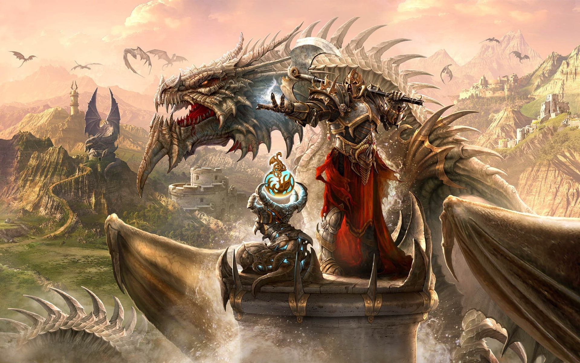 fantasy Art, belief, religion, sky, architecture, dragon, creativity, 1080P, history, human representation, art and craft, nature, craft, sculpture, video games, HD Wallpaper