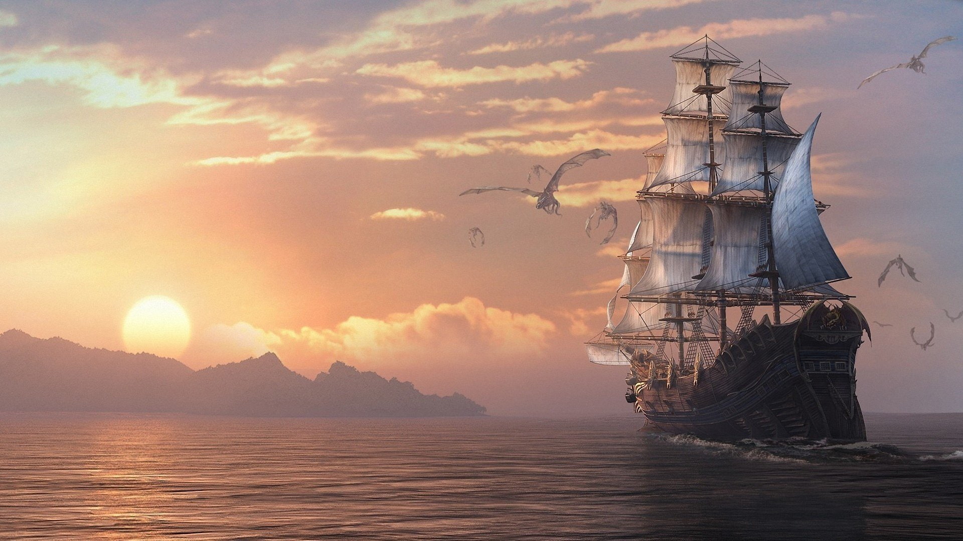 sea, dragon, eternity, Dragons, ship, art, 1080P, HD Wallpaper