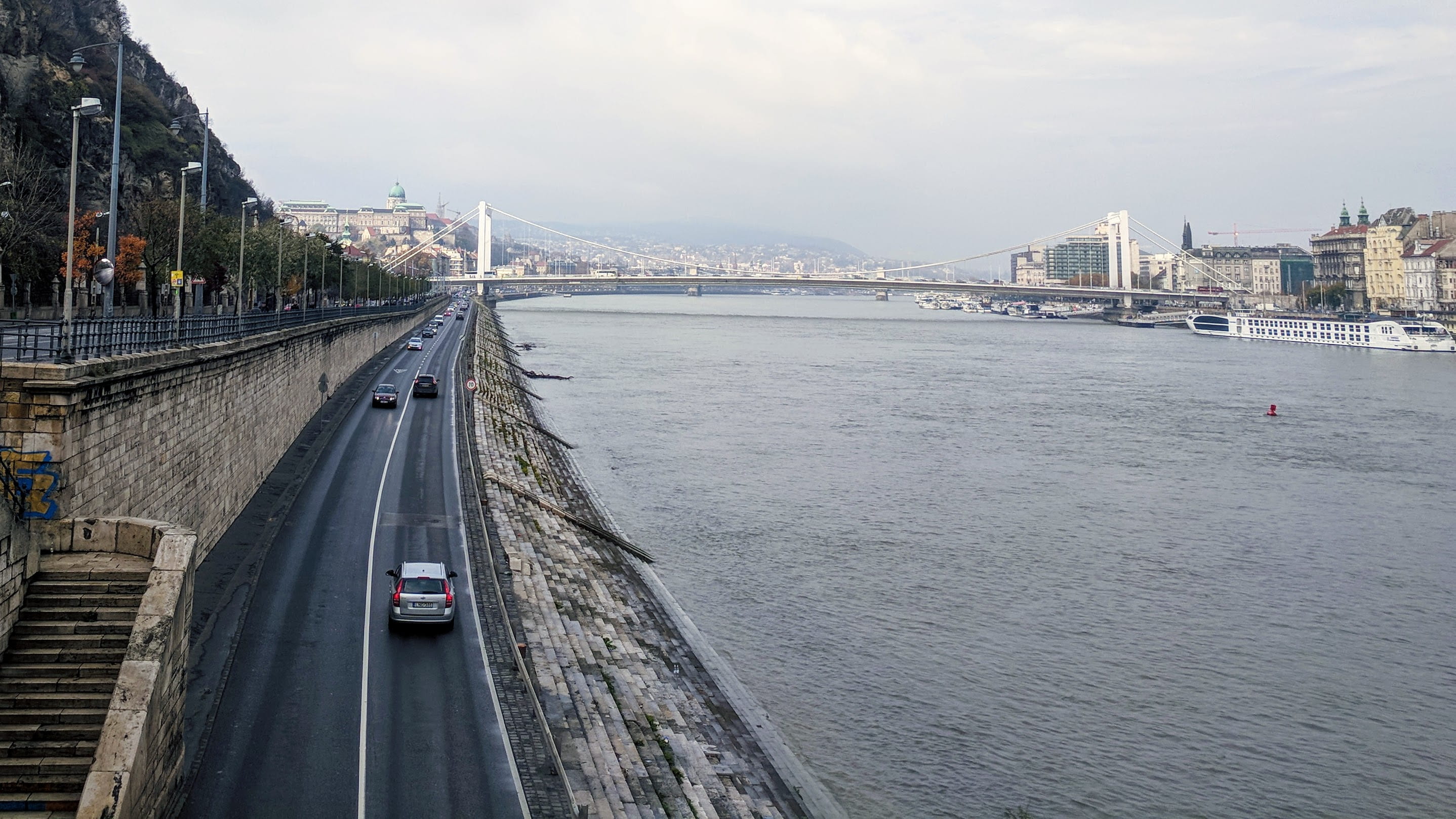 riverpart, traffic, bridge, building exterior, city, castle, travel, hungary, road, built structure, water, wharf, mode of transportation, outdoors, 2K, HD Wallpaper