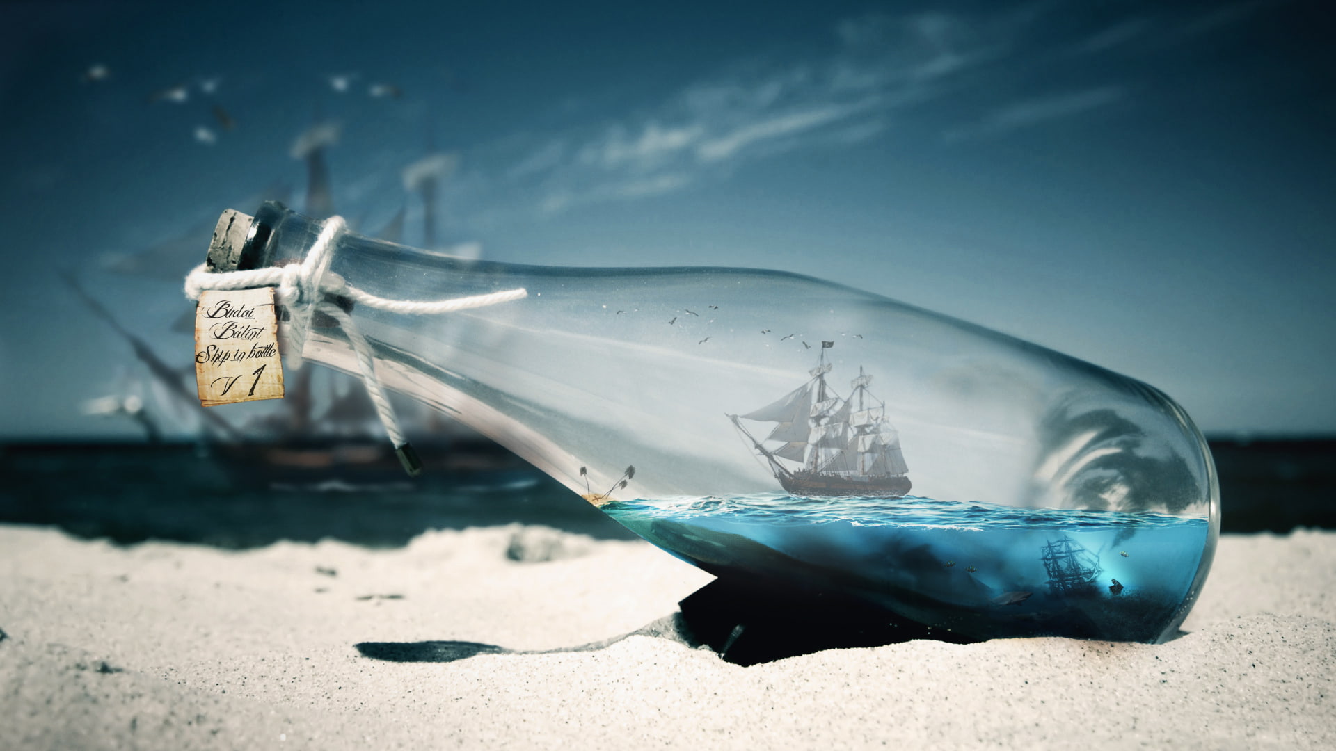1080P, pirates, sea, shark, Bálint Budai, ship, HD Wallpaper