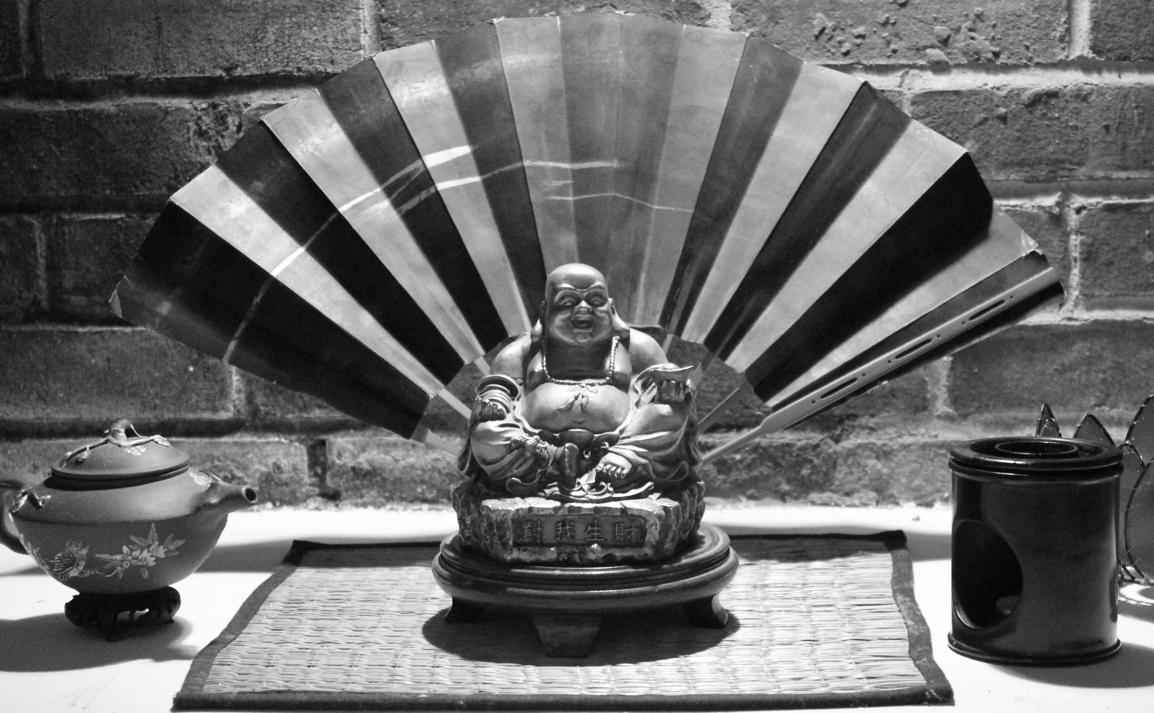 sculpture, spirituality, budai, nature, religion, Buddha, Black and White, craft, place of worship, creativity, building, day, 4K, no people, built structure, HD Wallpaper