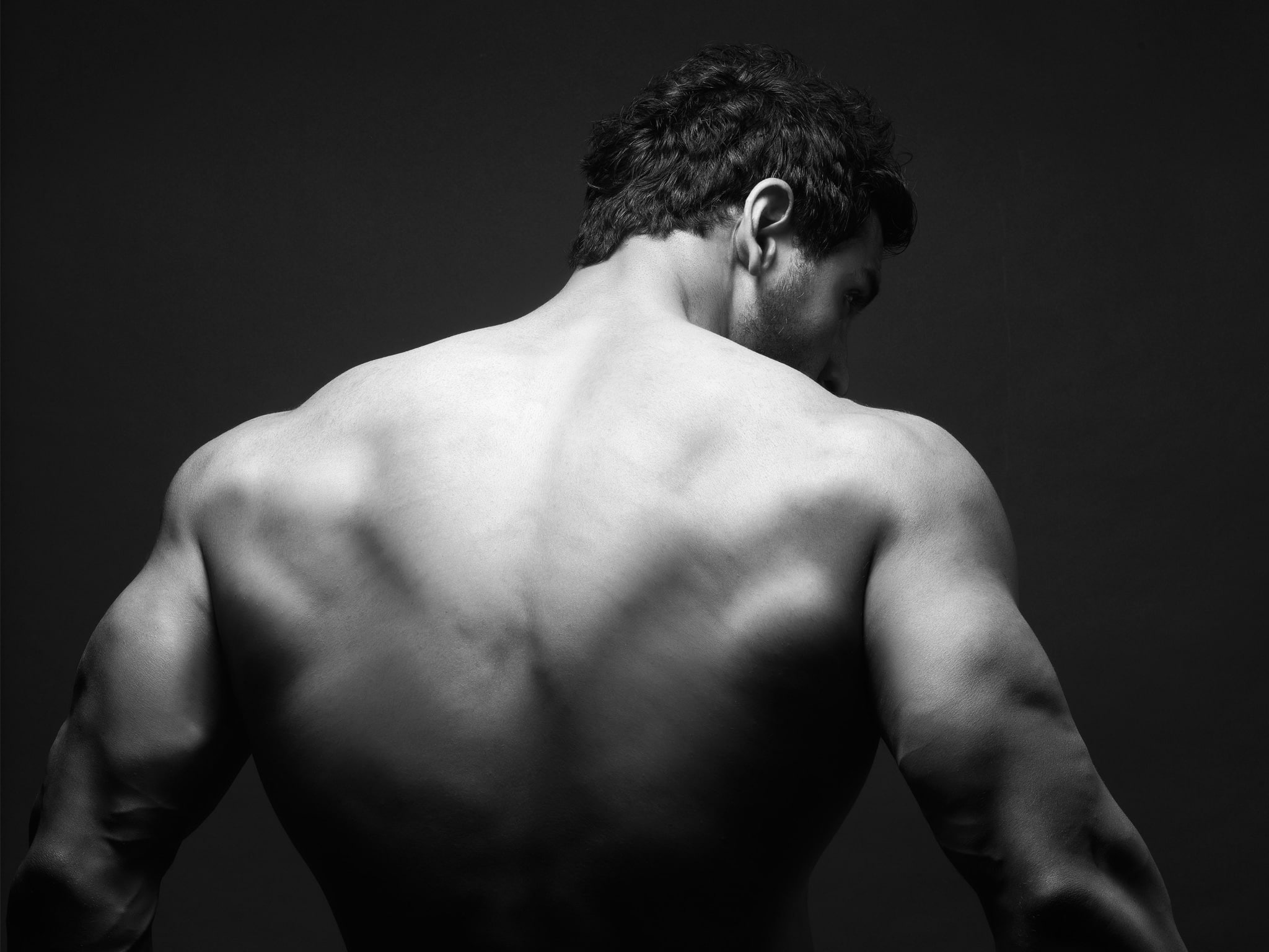 males, human muscle, 1080P, men, human back, shirtless, John, adult, muscular build, rear view, waist up, indoors, black background, lifestyles, human body part, HD Wallpaper