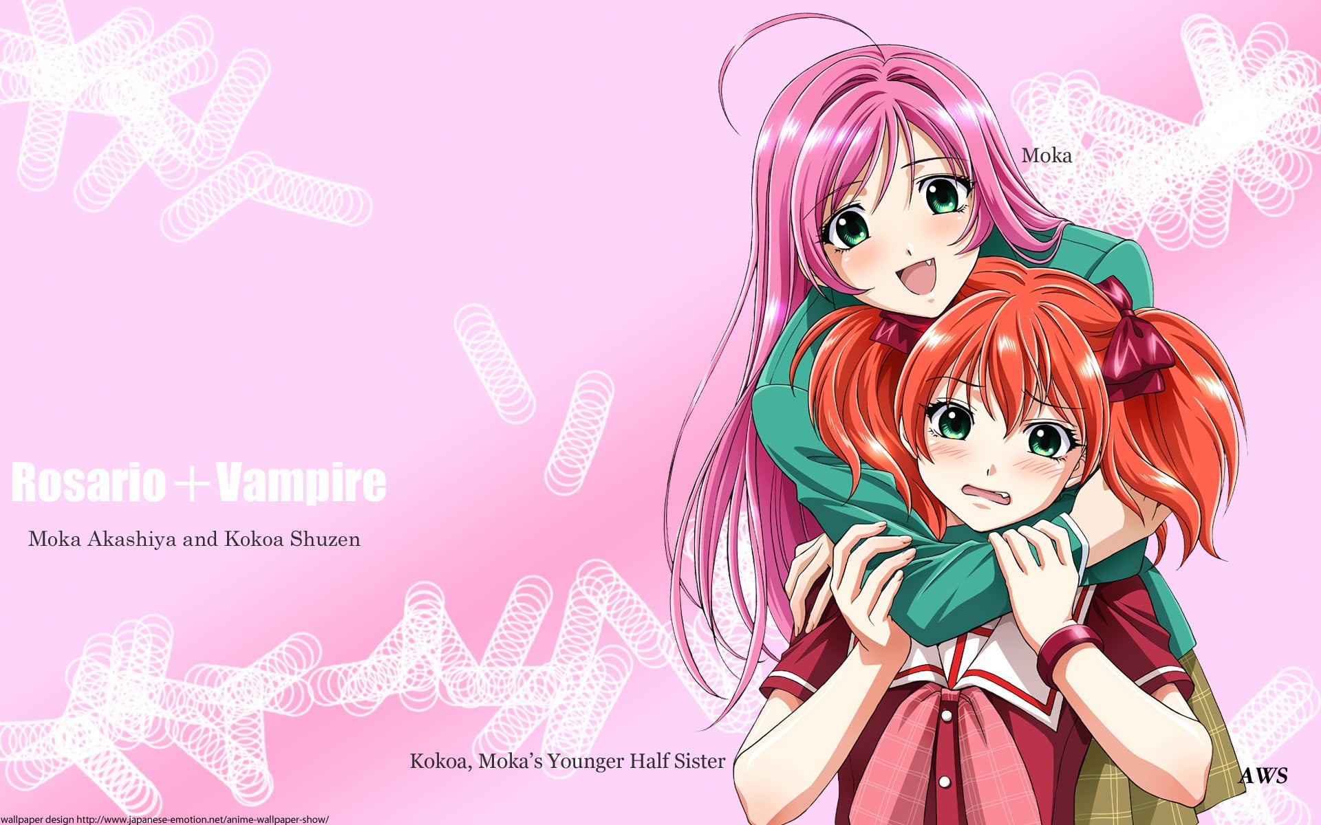 females, Akashiya Moka, people, kokoa shuzen, childhood, manga, poster, multi colored, Rosario + Vampire, young adult, toy, girls, 1080P, pink color, nature, HD Wallpaper