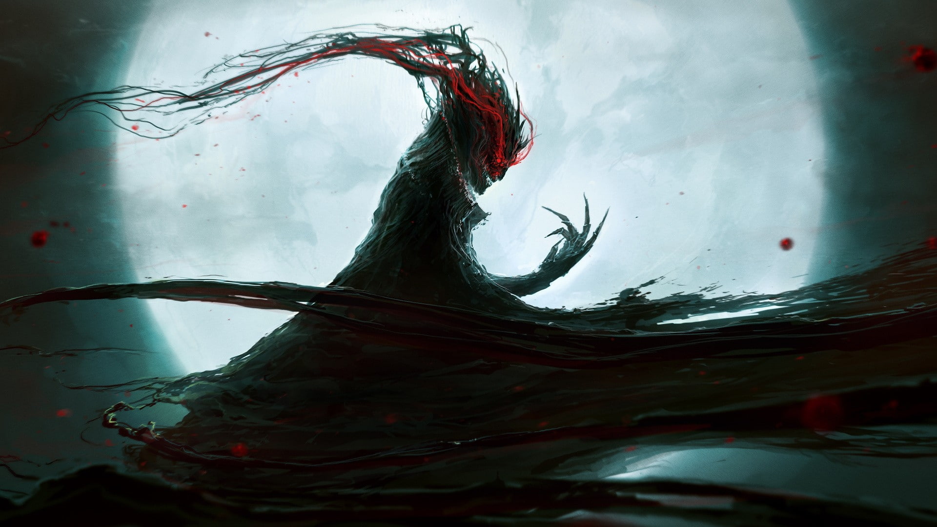 moon, x, art, monsters, eyes, night, red, 1080P, space, hd, moons, HD Wallpaper