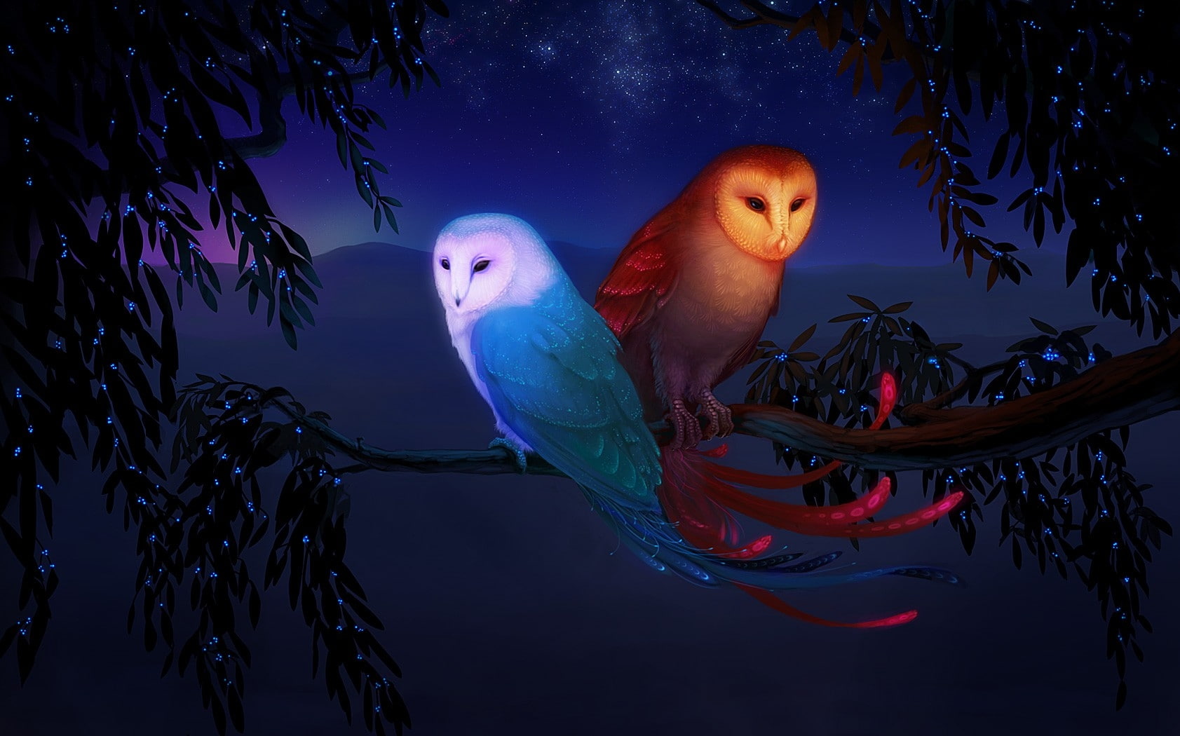 hd, 720P, sun, digital, art, space, owls, moon, night, moons, fantasy, x, HD Wallpaper