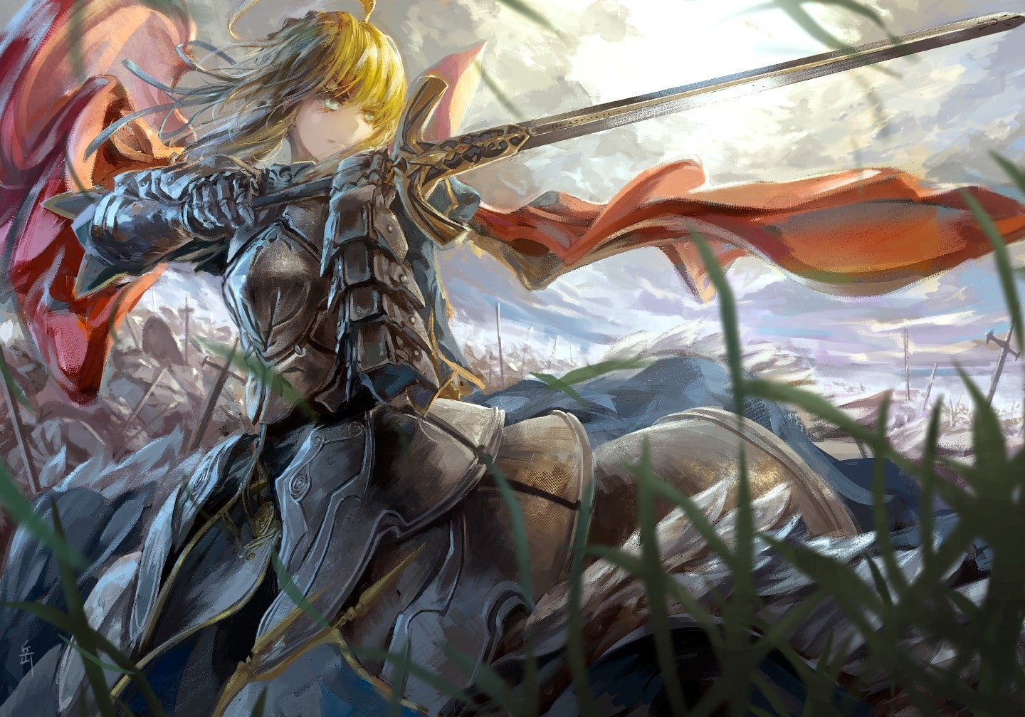 green, hd, knights, space, art, short, 720P, moons, s, fatestay, hair, grass, eyes, typemoon, weapons, armor, night, warriors, capes, Fate/stay Night, HD Wallpaper