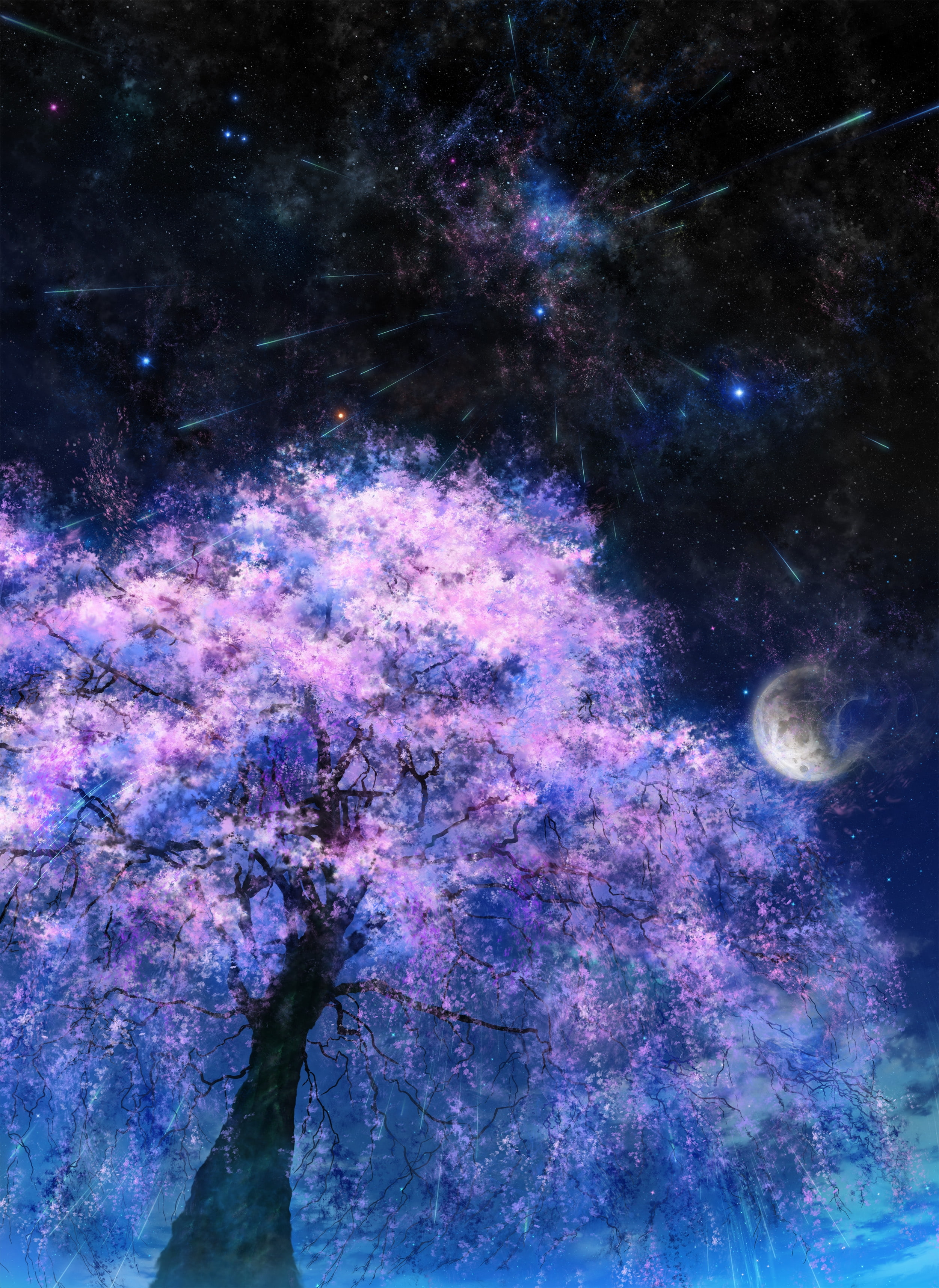 stars, hd, art, x, moons, space, moon, 2K, night, Trees, Phone HD Wallpaper