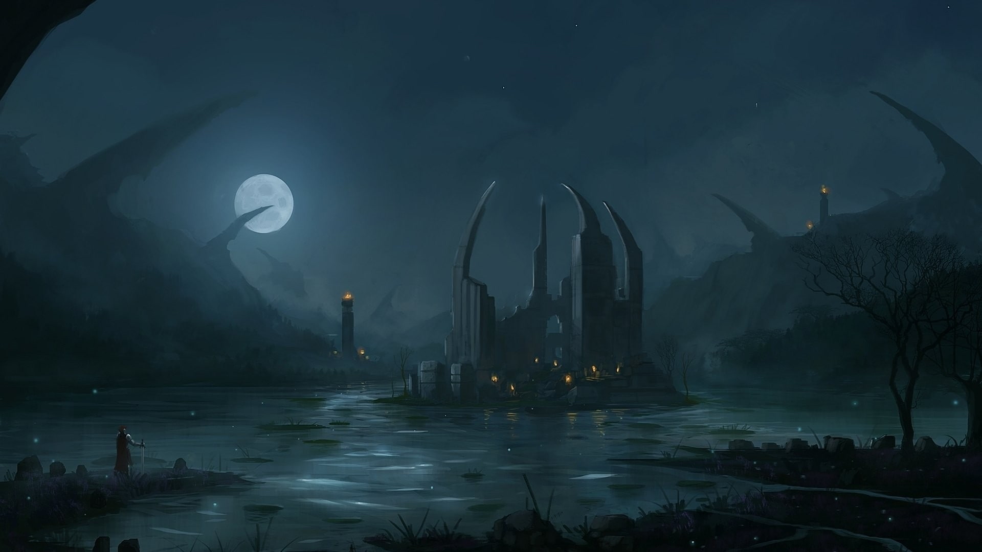 moon, art, night, hd, moons, space, x, fantasy, artwork, stars, knights, 1080P, HD Wallpaper