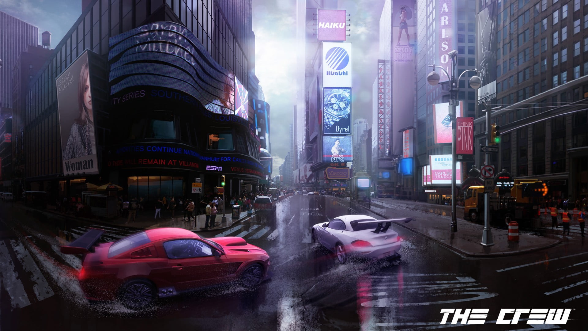 crew, traffic, city, 1080P, game, street, rain, road, city life, built structure, video games, skyscraper, incidental people, office building exterior, HD Wallpaper