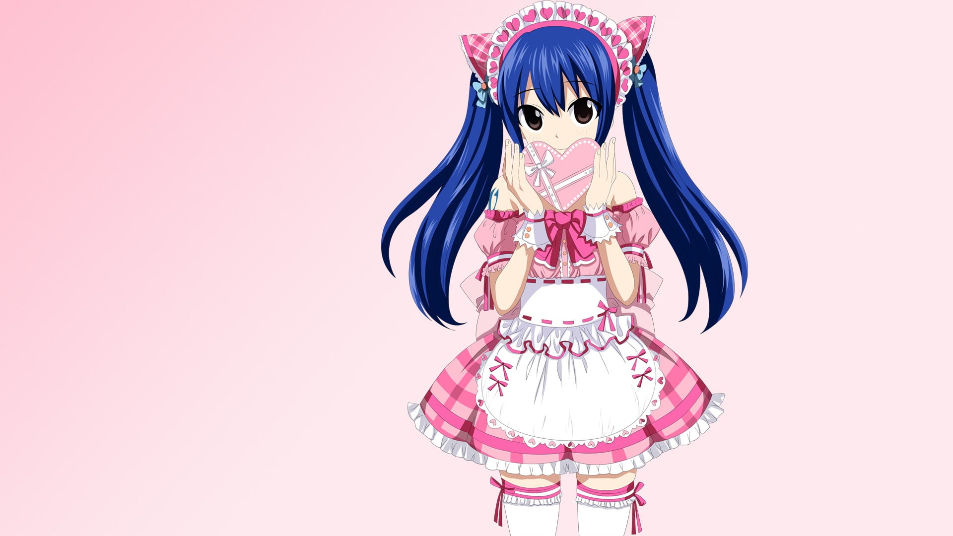 blue hair, anime, maid, anime girls, maid outfit, twintails, waitress, Marvell Wendy, Valentine, 1080P, Fairy Tail, HD Wallpaper