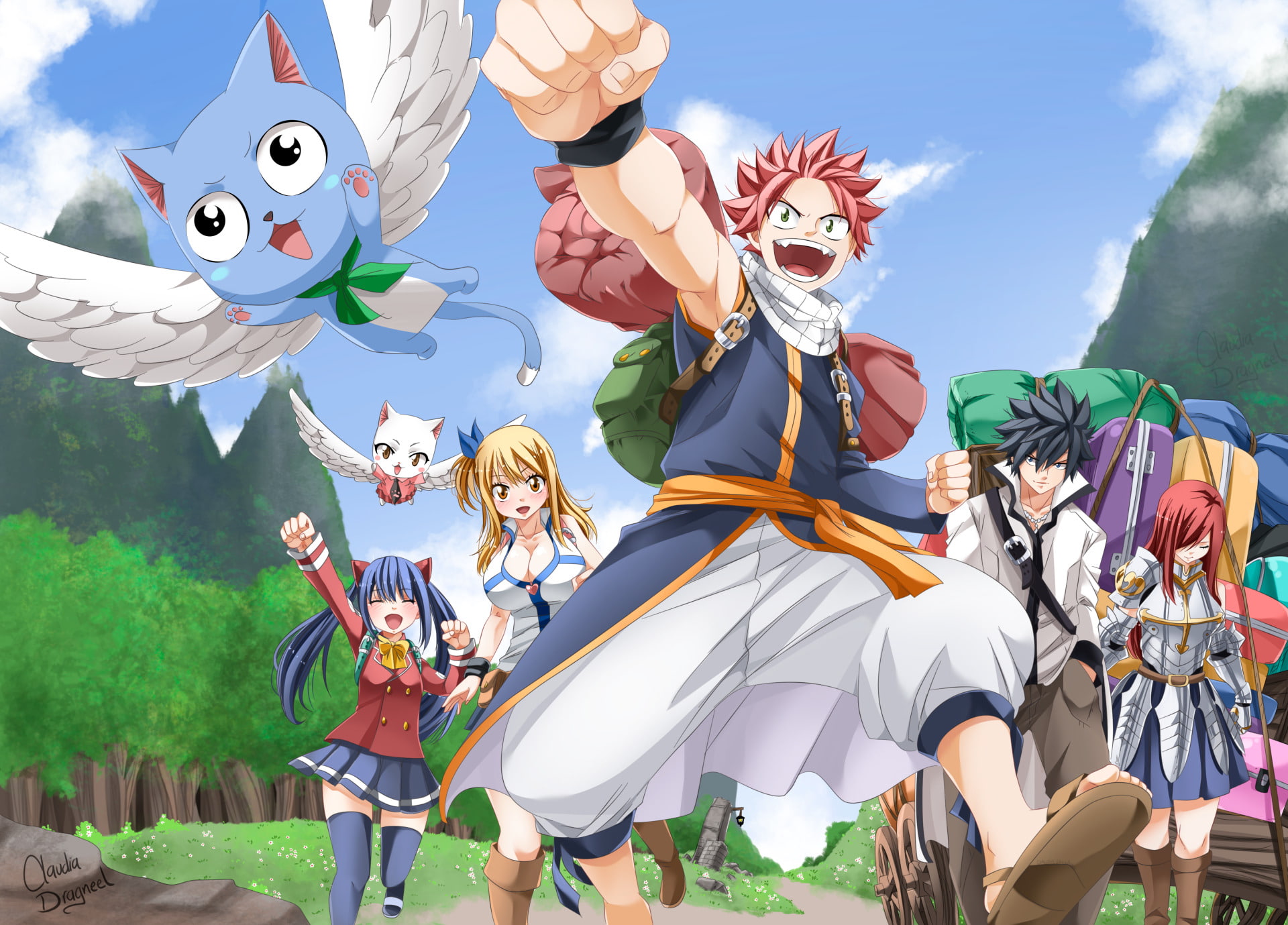 Happy (Fairy Tail), Fairy Tail, Carla (Fairy Tail), 1080P, Wendy Marvell, Erza Scarlet, Gray Fullbuster, Lucy Heartfilia, Natsu Dragneel, Anime, HD Wallpaper