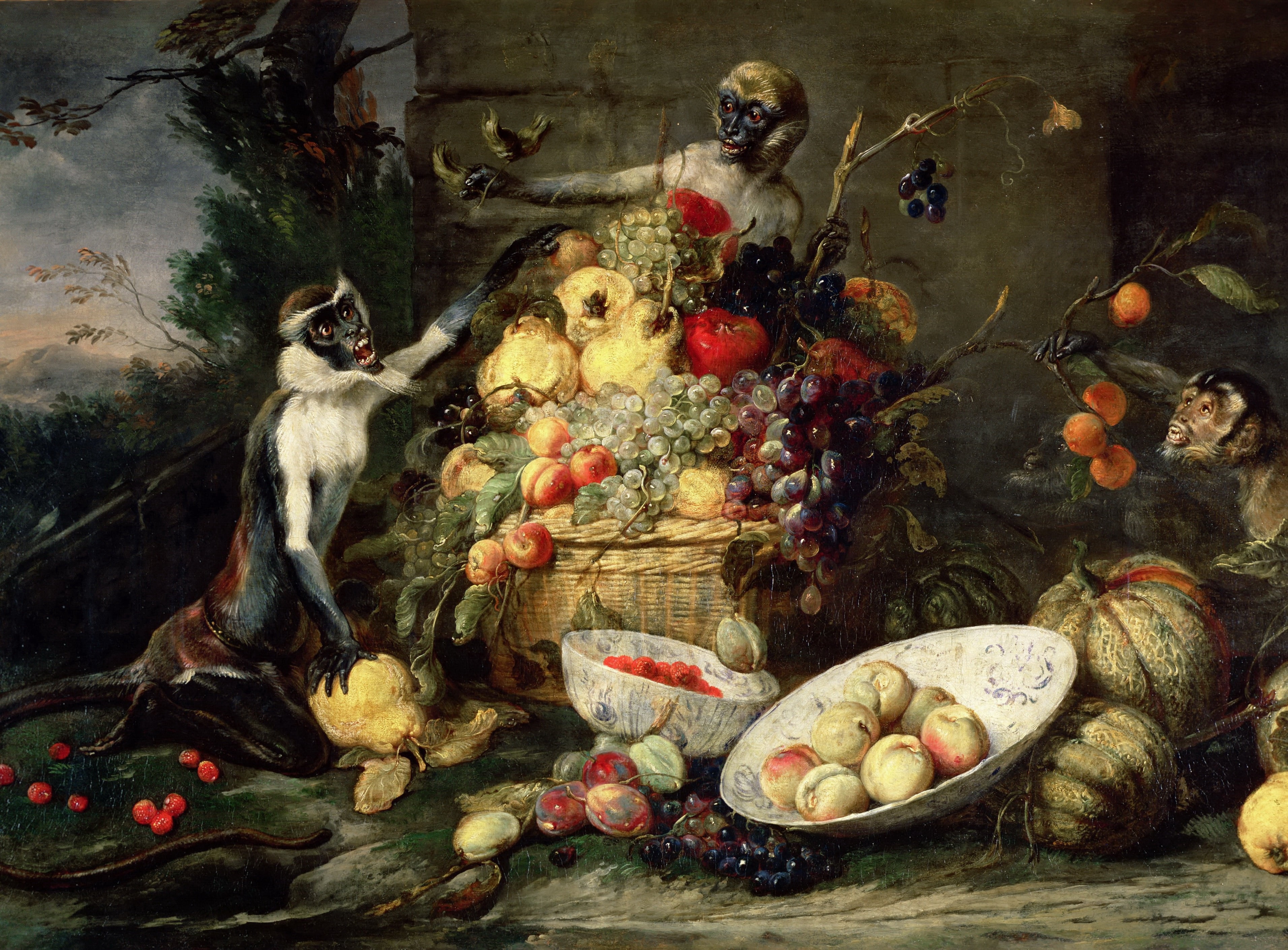fruit, monkeys stealing fruit, no People, frans snyders, backgrounds, group Of Animals, creativity, flanders, nature, vertebrate, indoors, human representation, HD Wallpaper