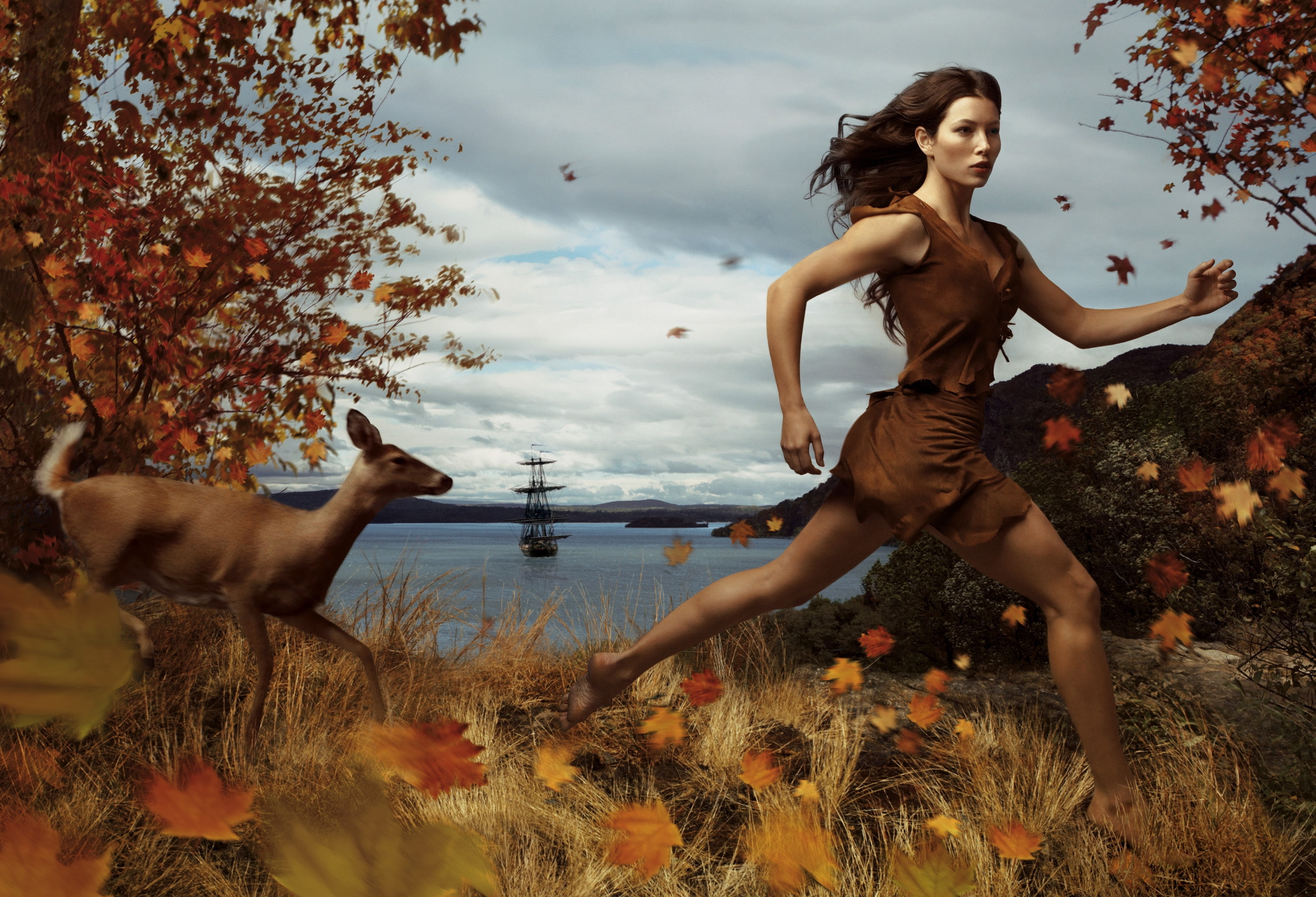 Disney Company, 2K, art, deer, leibovitz, jessica, pocahontas, models, biel, company, running, trees, concept, concepts, hd, women, aircraft, disney, annie, HD Wallpaper