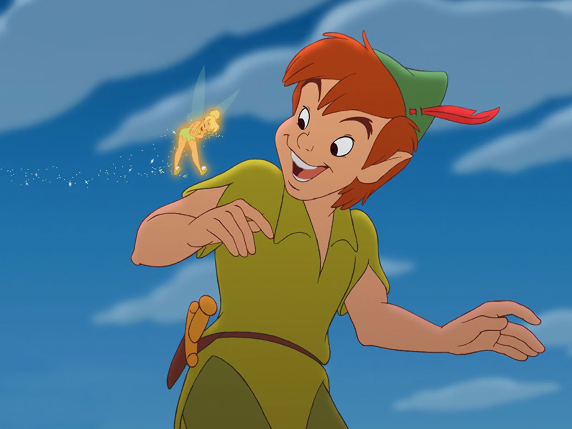 clothing, nature, smiling, Movie, lifestyles, childhood, Peter Pan, positive emotion, blue, cheerful, happiness, cloud - sky, sky, emotion, outdoors, females, HD Wallpaper