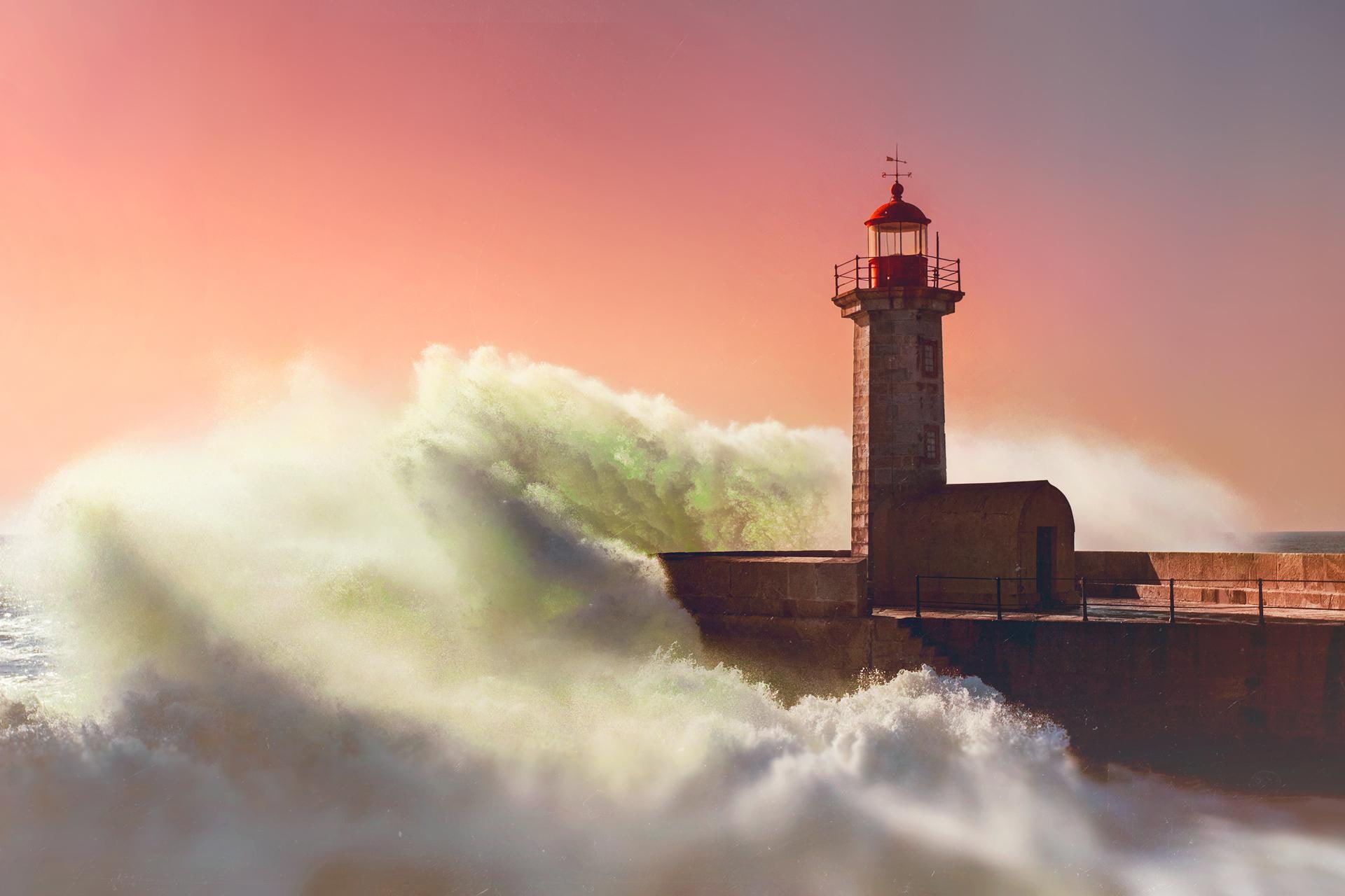 sunset, sunrise, ocean, architecture, evening, images, wave, 1080P, sea, lighthouse, HD Wallpaper