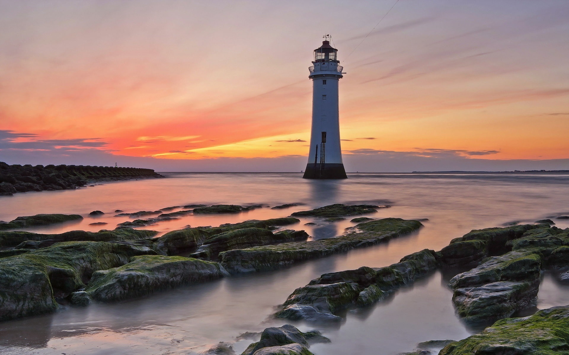 Sunset, Lighthouse, Red, Sky, Sea, 1080P, Coast, Rocks, HD Wallpaper