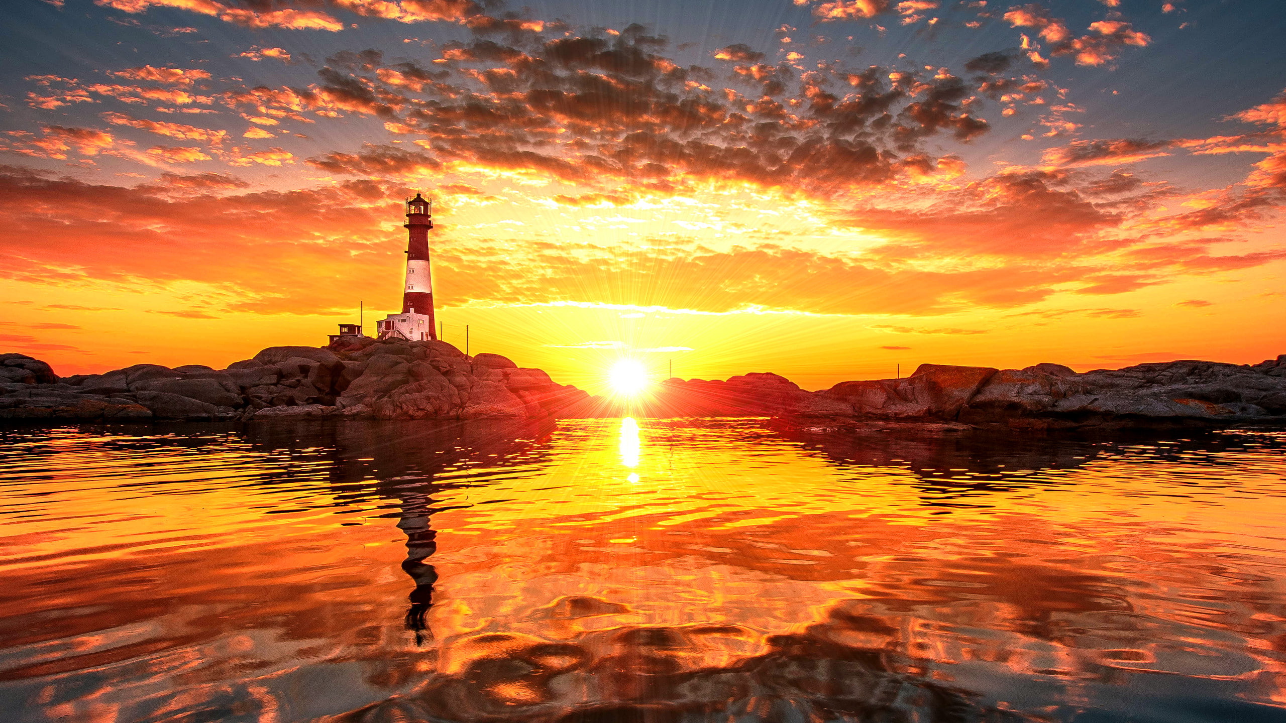 stones, sunset, ocean, hd, clouds, nature, lighthouse, 2K, sunlight, rocks, HD Wallpaper