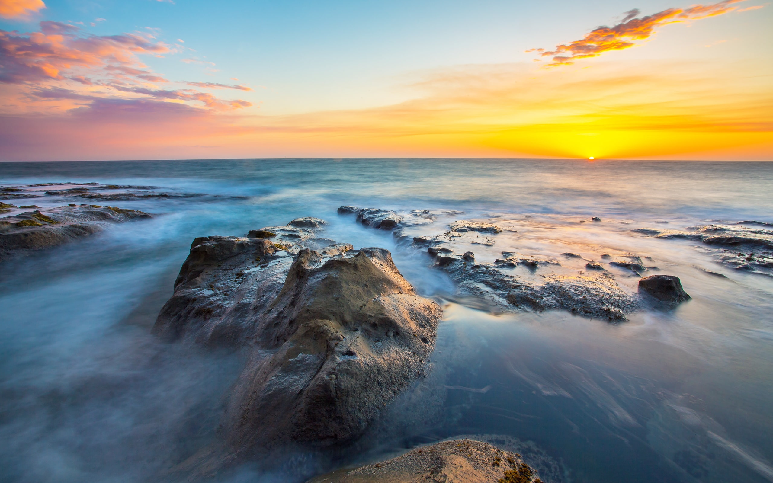 Sea, Sunset, Rocks, Landscape, brown, Oregon, Ocean, rocky, mountain, 2K, HD Wallpaper