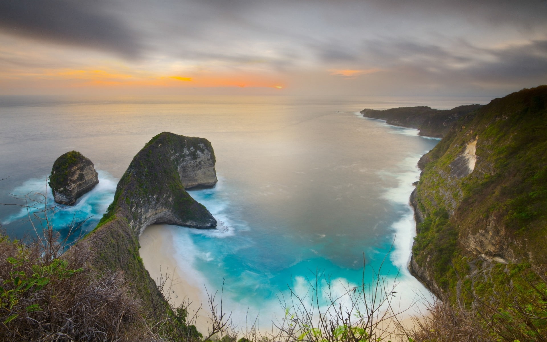 sunset, sea, coves, cliff, coast, island, landscape, water, 1080P, HD Wallpaper