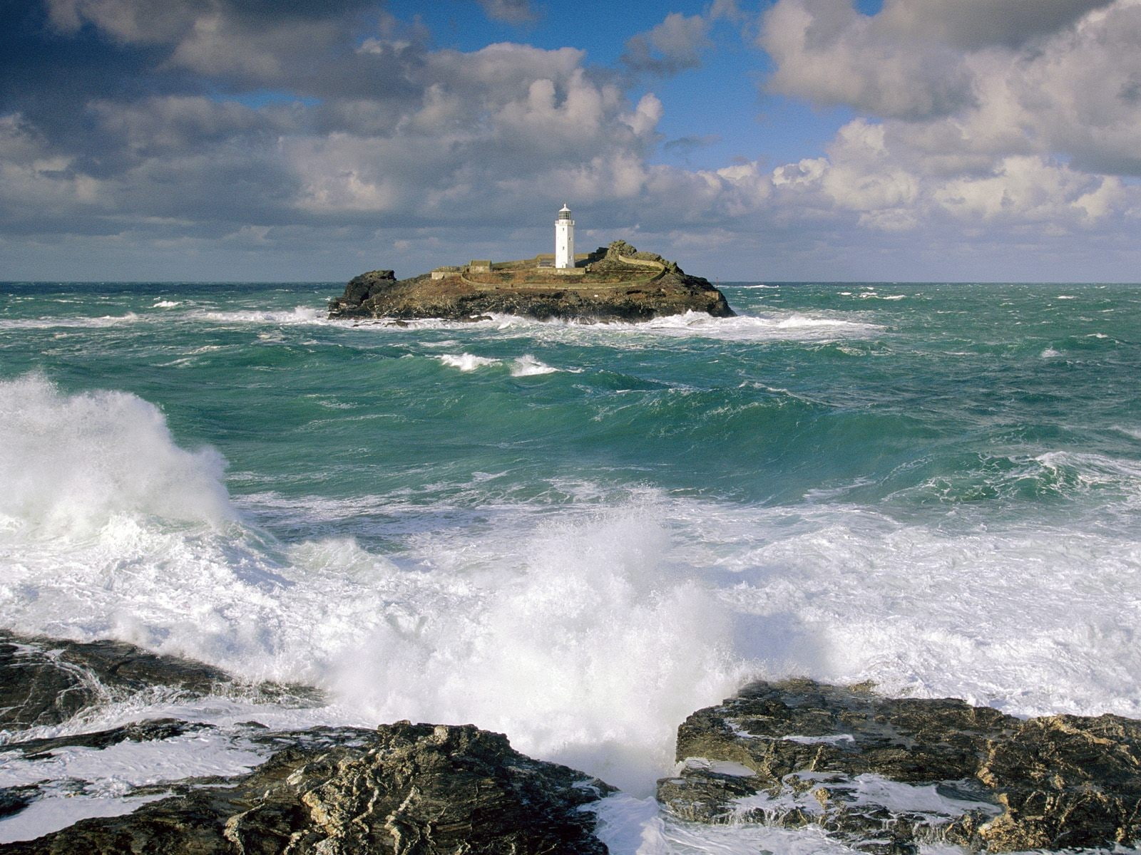 720P, island, waves, clouds, lighthouse, sea, HD Wallpaper