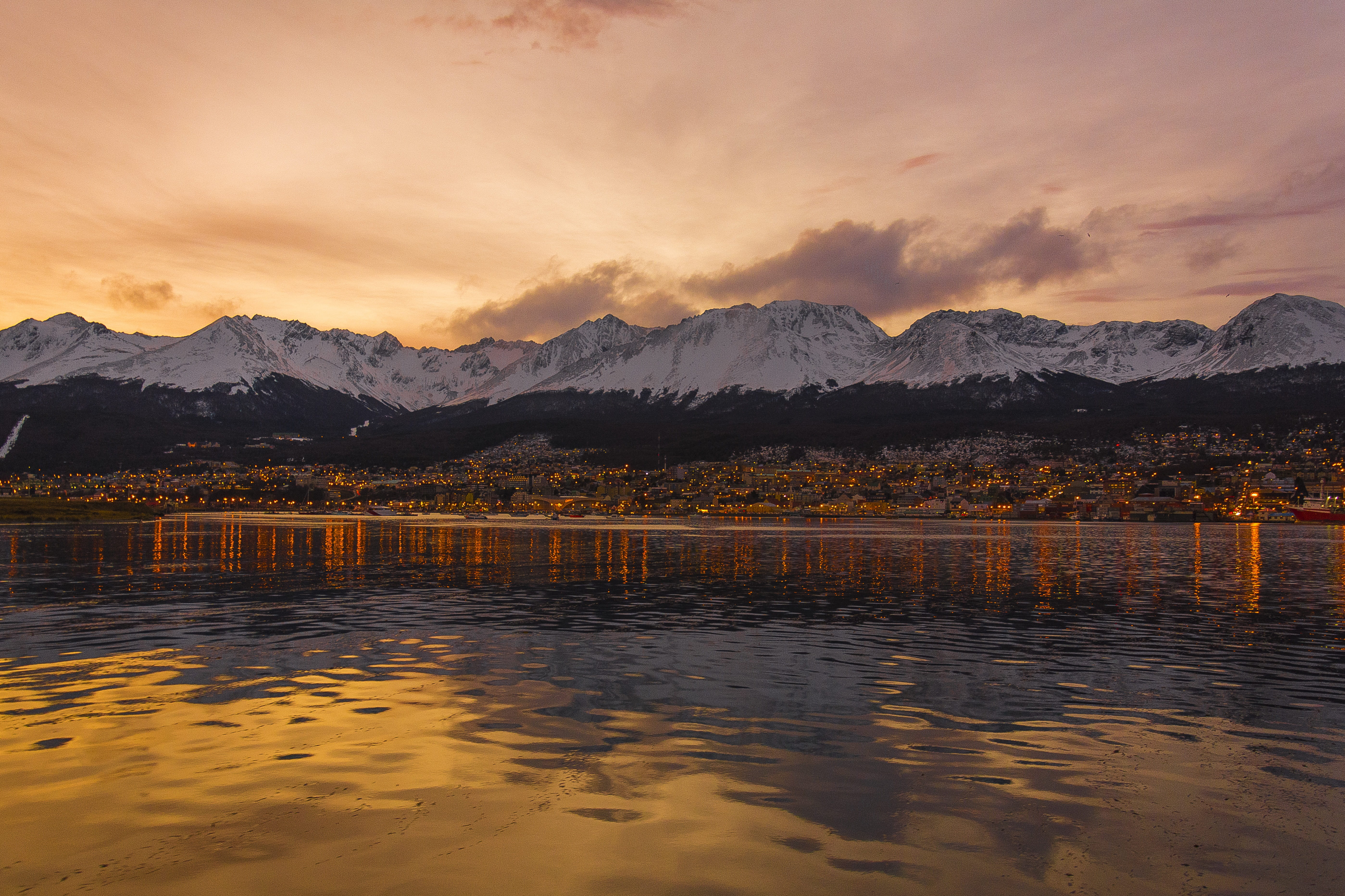 mountain, environment, landscape, sunset, ushuaia, snow, beauty in nature, no people, scenics - nature, outdoors, 5K, water, mountain range, cold temperature, HD Wallpaper