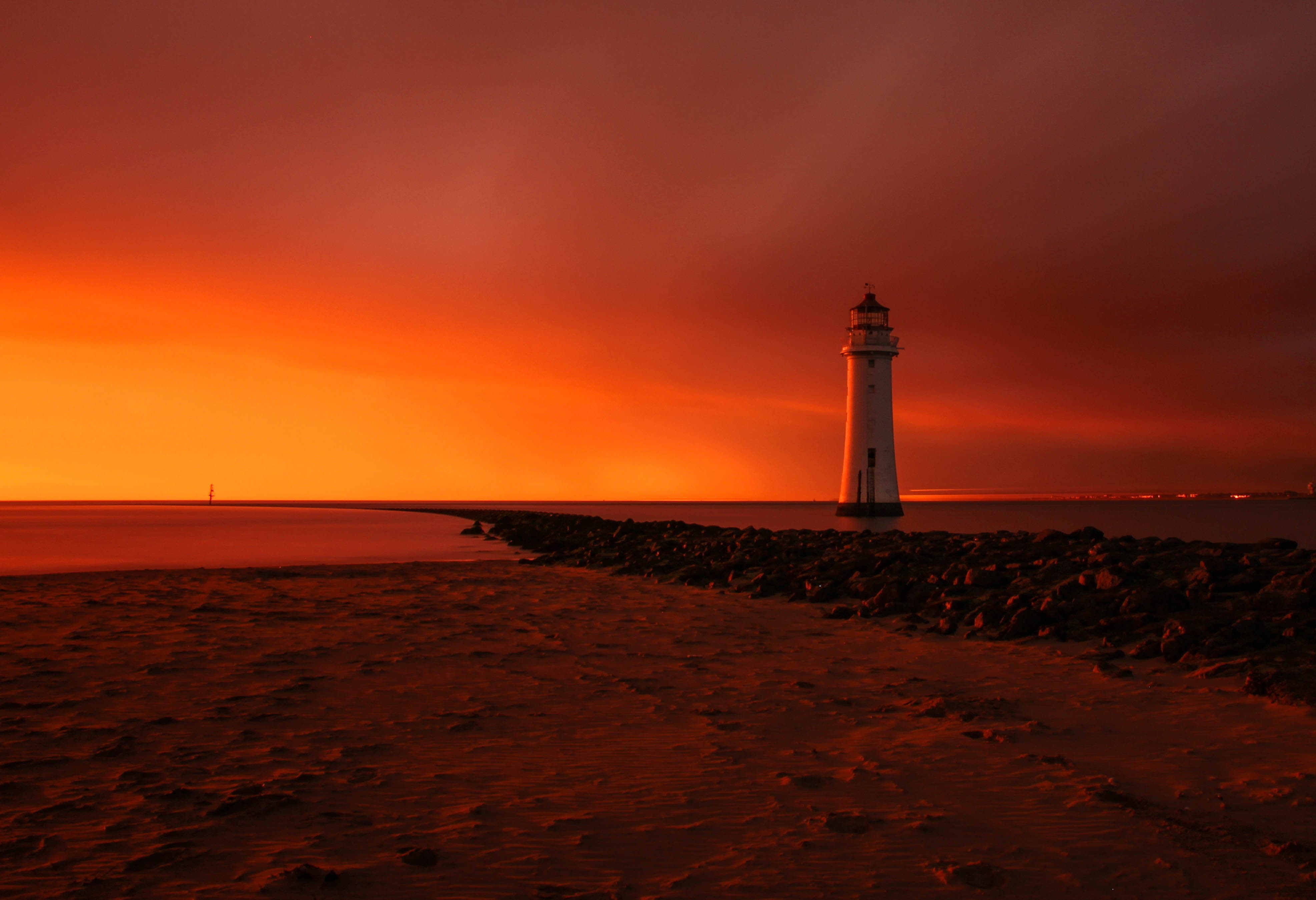 lighthouse, 4K, rock, beach, white, dawn, Perch Rock lighthouse, perch, HD Wallpaper