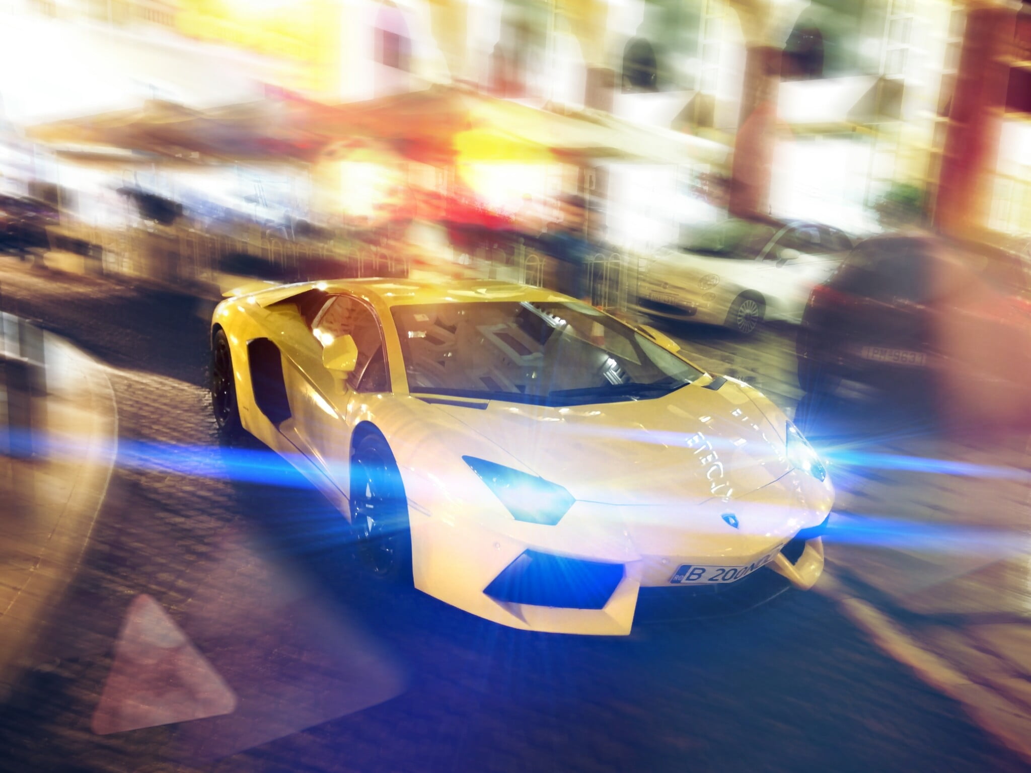 no people, car, long exposure, lamborghini, road, Thessaloniki, blurred motion, light - natural phenomenon, night, mode of transportation, yellow, 1080P, HD Wallpaper