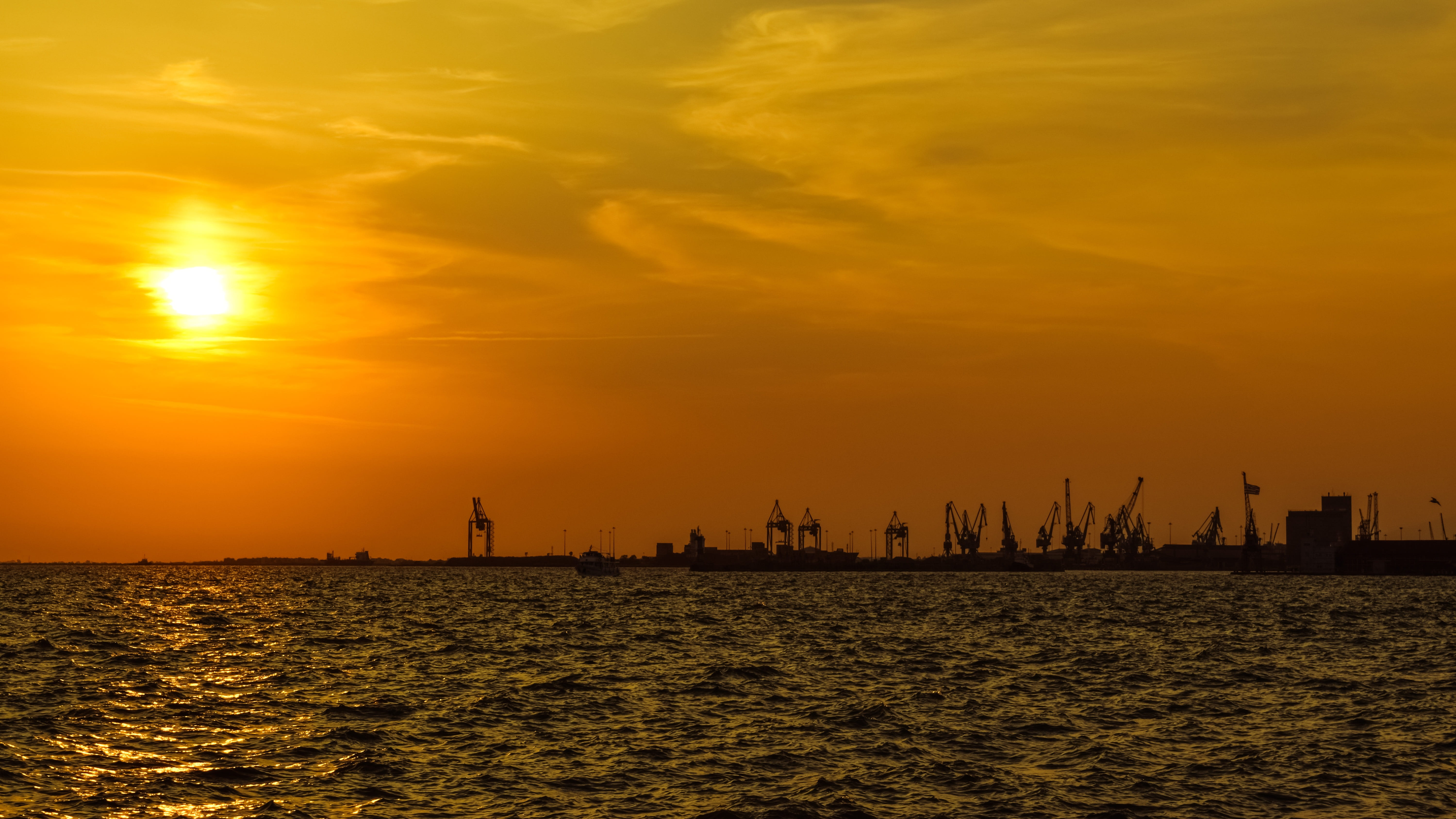 transportation, no people, waterfront, shadows, water, crane - construction machinery, sunlight, scenics - nature, nautical vessel, industry, greece, sunset, HD Wallpaper