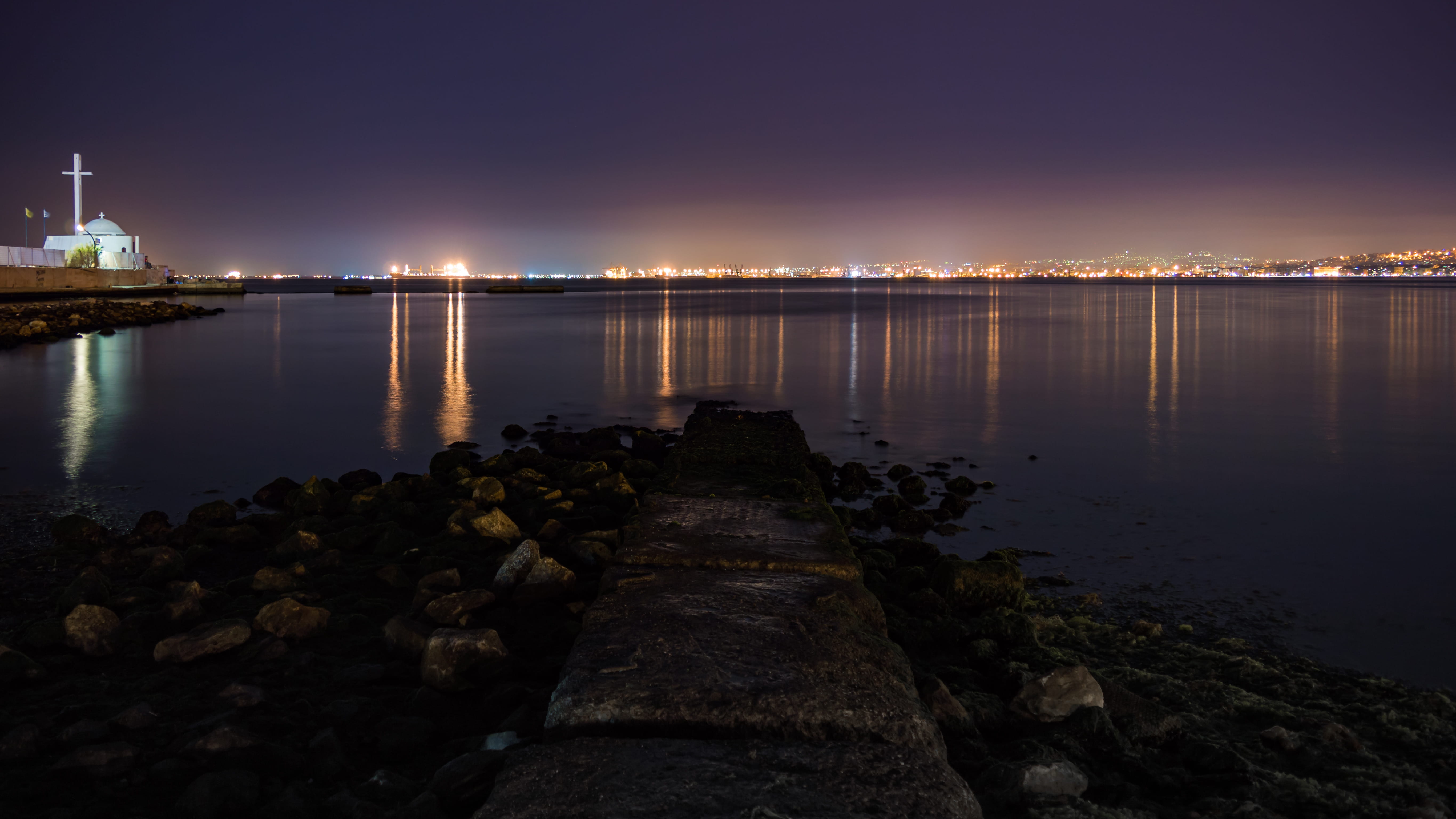 view, scenics - nature, solid, kalamaria, hellas, city, grecia, shore, sea, nature, θεσσαλονίκη, outdoors, sky, rock - object, reflection, illuminated, HD Wallpaper