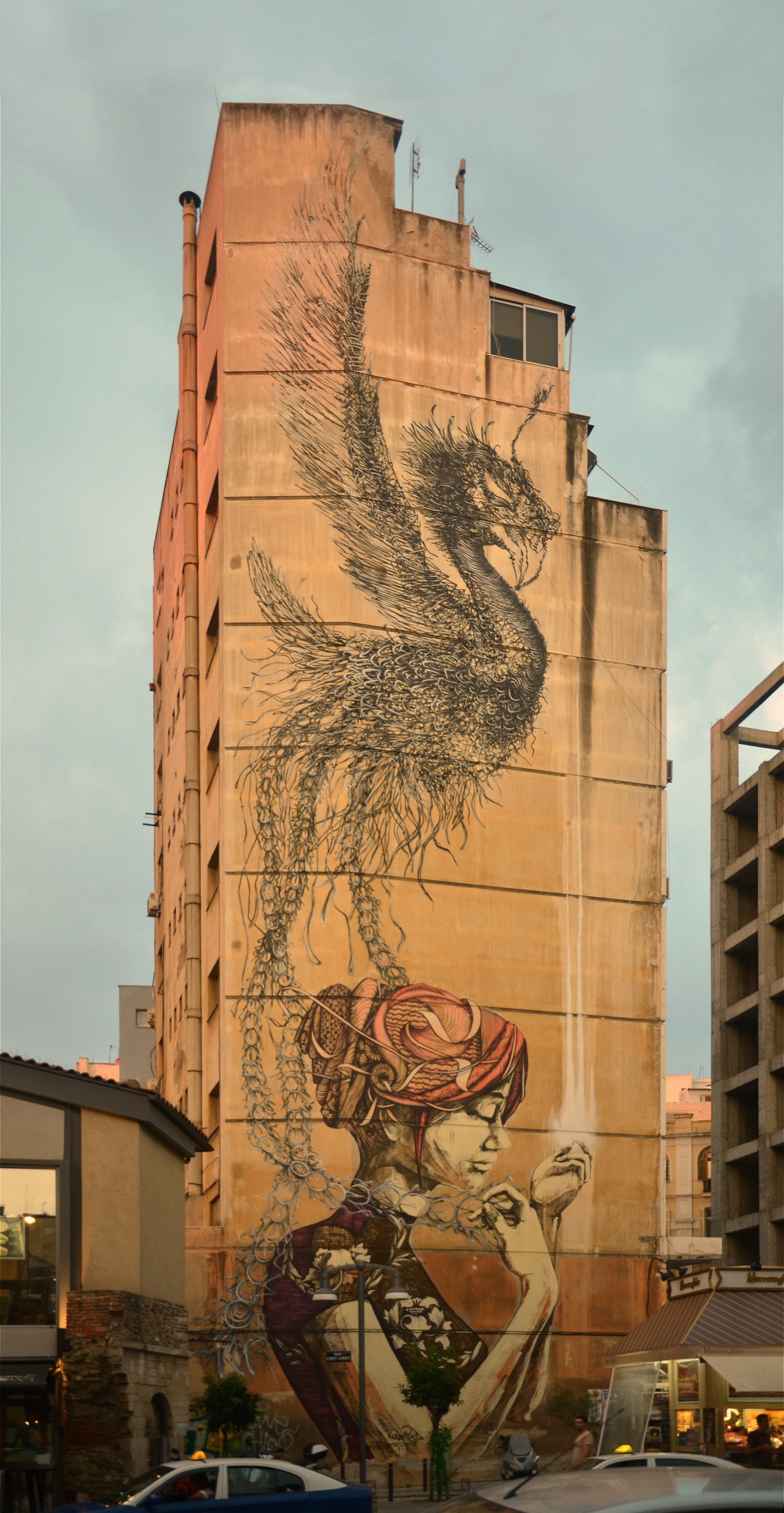 human representation, architecture, building exterior, mode of transportation, land vehicle, travel destinations, art, art and craft, mural, 5K, city, Phone HD Wallpaper