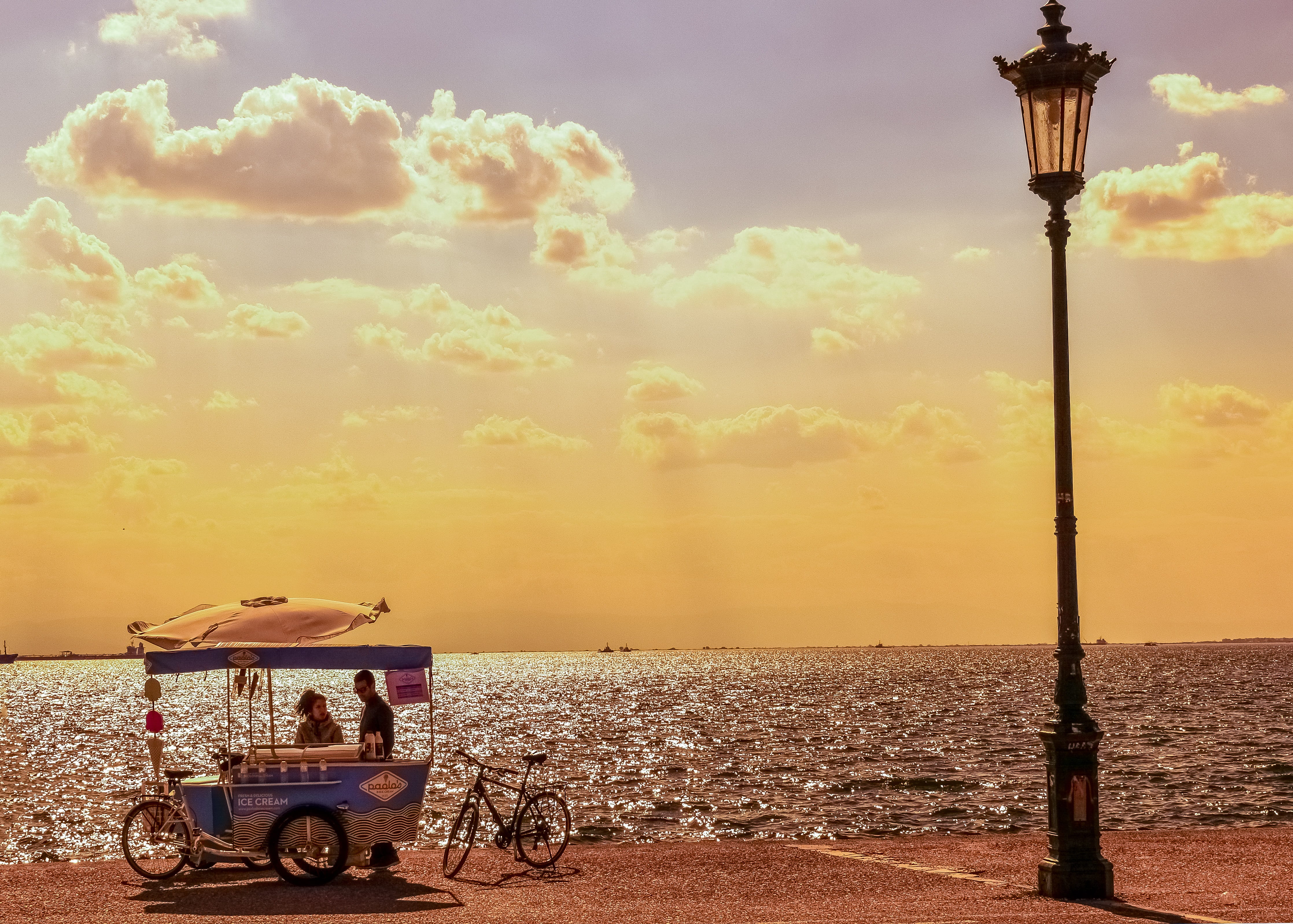 4K, sunset, sea, men, horizon, transportation, cloud - sky, orange color, scenics - nature, nature, sky, beauty in nature, street light, greece, water, HD Wallpaper