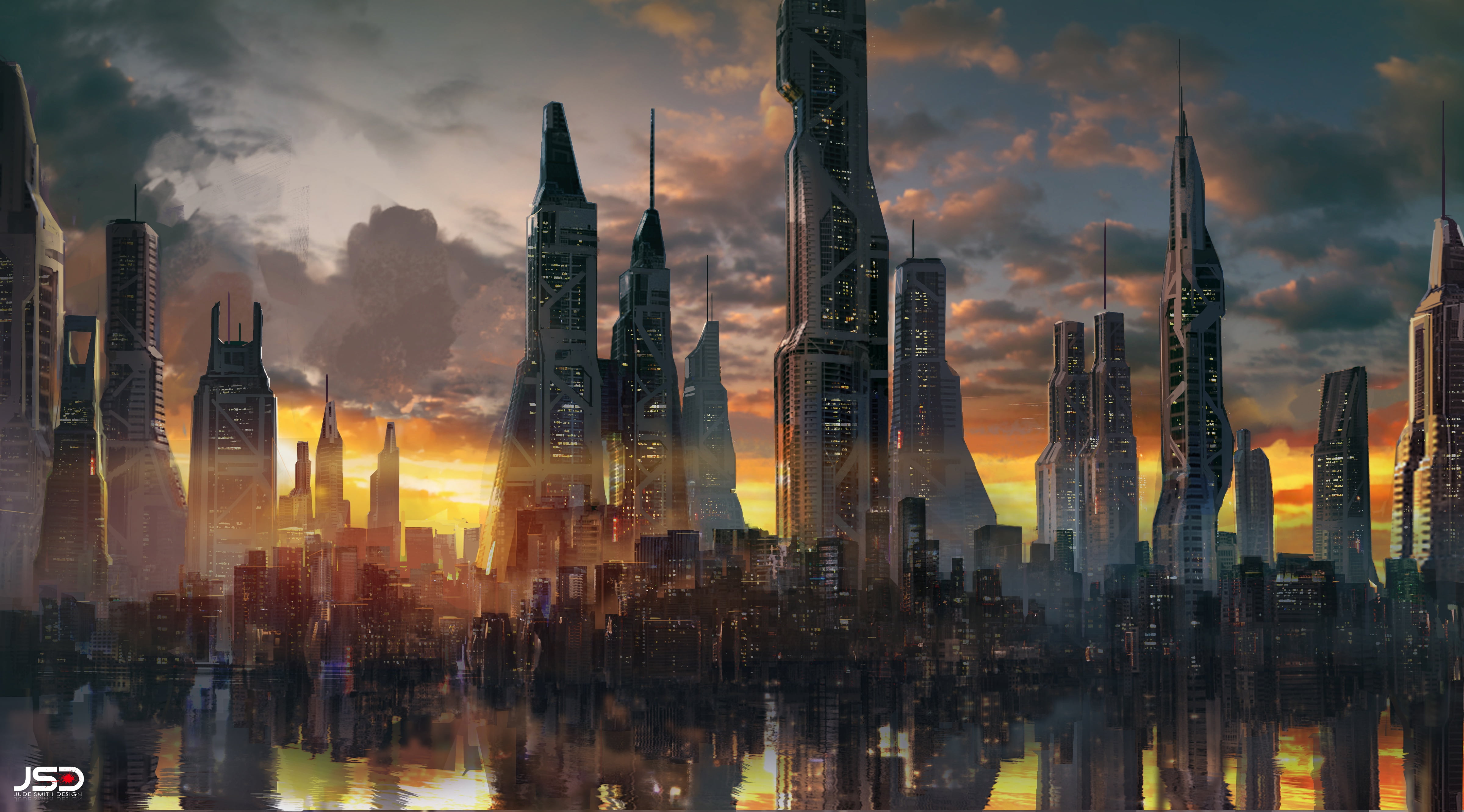 tall - high, modern, city, digital composite, no people, building, financial district, water, cloud - sky, Jude Smith, reflection, skyscraper, tower, urban skyline, HD Wallpaper