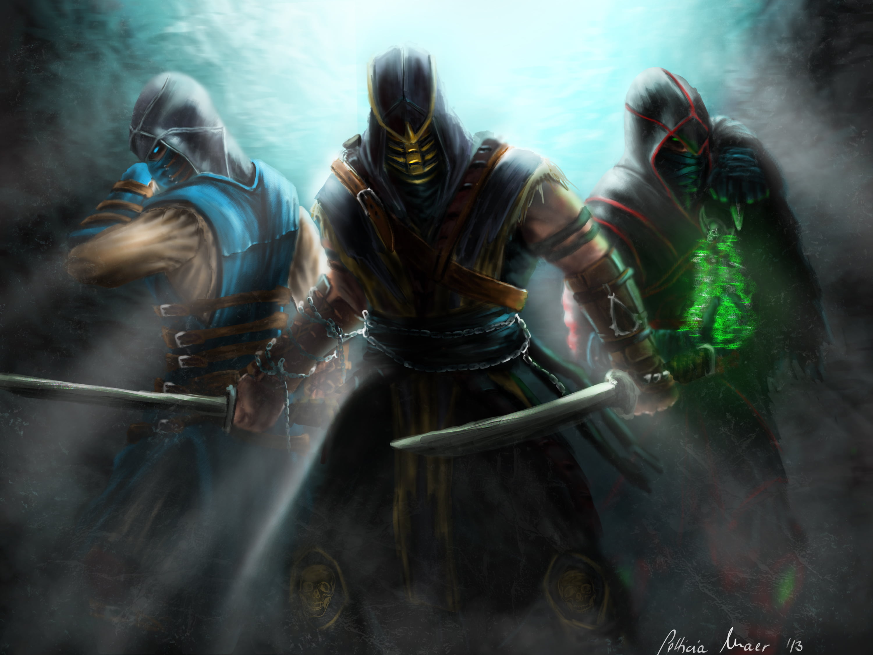 men, clothing, teamwork, protection, ermac, holding, mortal kombat, sub-zero, man, scorpion, helmet, futuristic, group of people, work helmet, occupation, HD Wallpaper