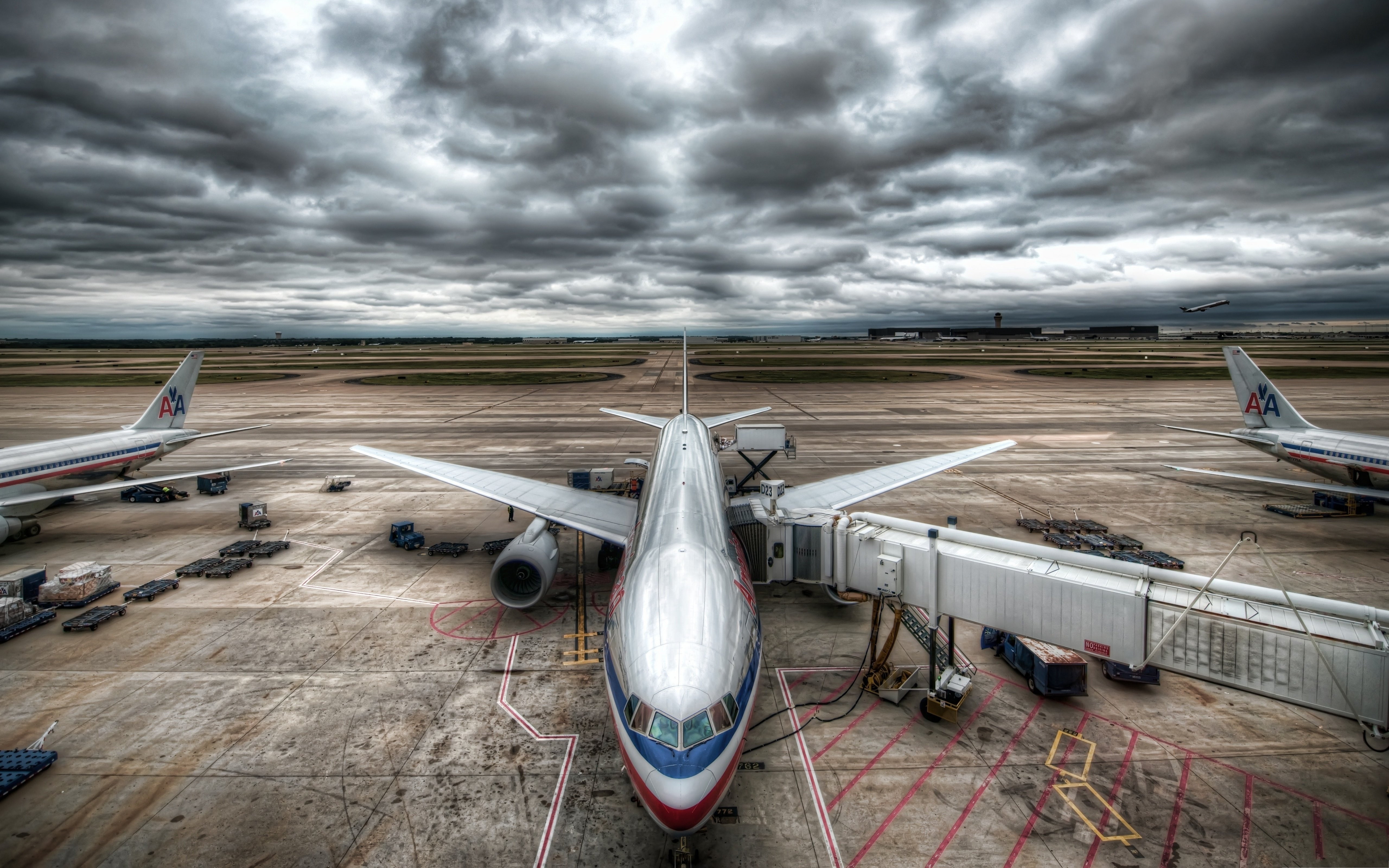 5K, aeropuerto, comercial, aviones, nublado, HD Wallpaper