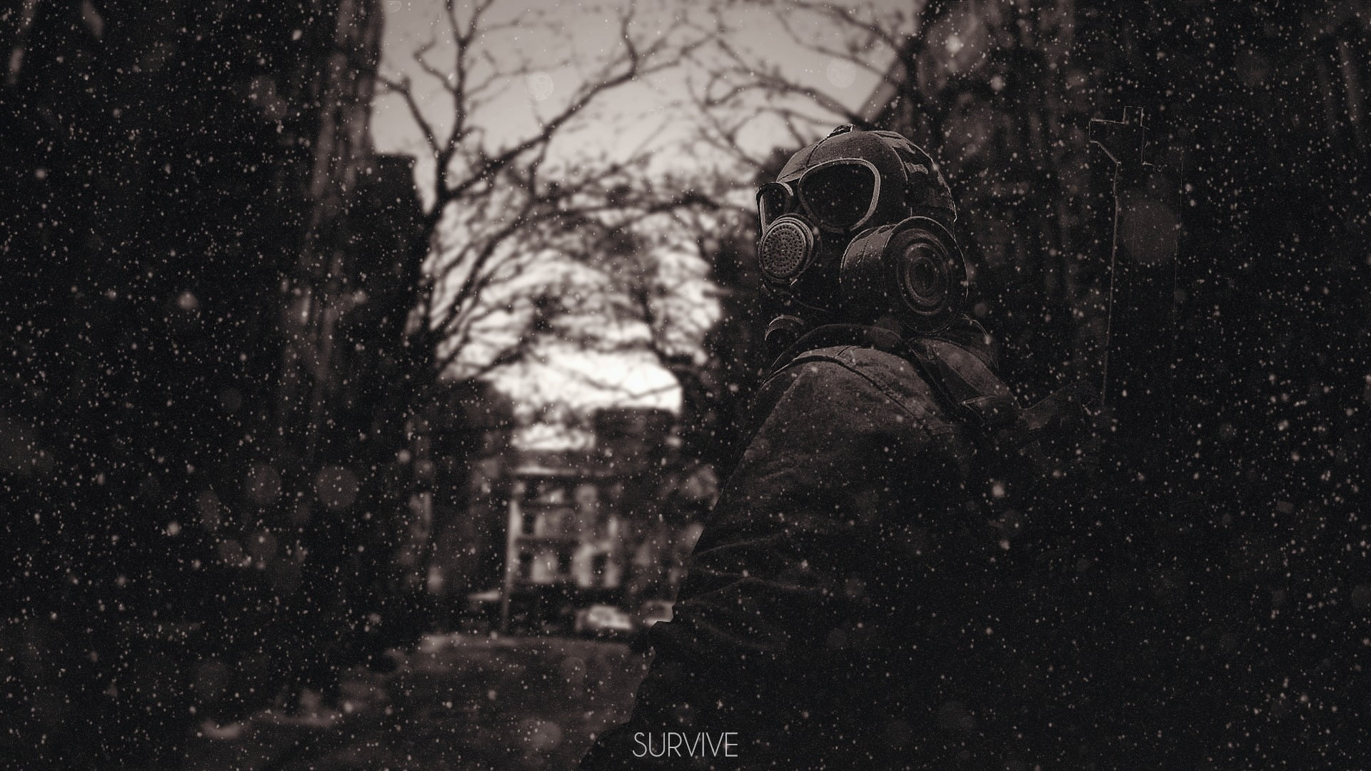 architecture, focus on foreground, the past, apocalyptic, survival, old, window, snowing, 1080P, day, history, tree, gas masks, selective focus, building, HD Wallpaper