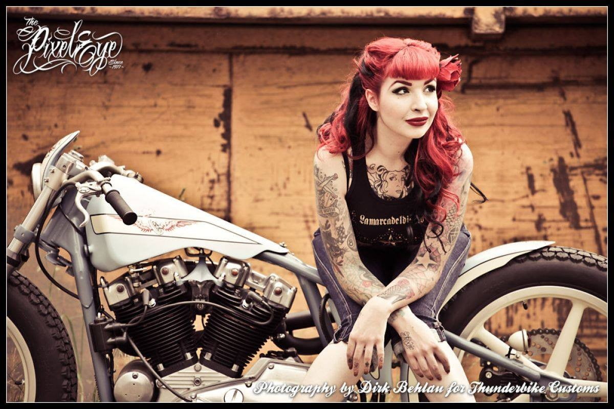 women with motorcycles, looking away, pinup models, young women, women, tattoo, lifestyles, redhead, portrait, fashion, hairstyle, clothing, dyed red hair, HD Wallpaper