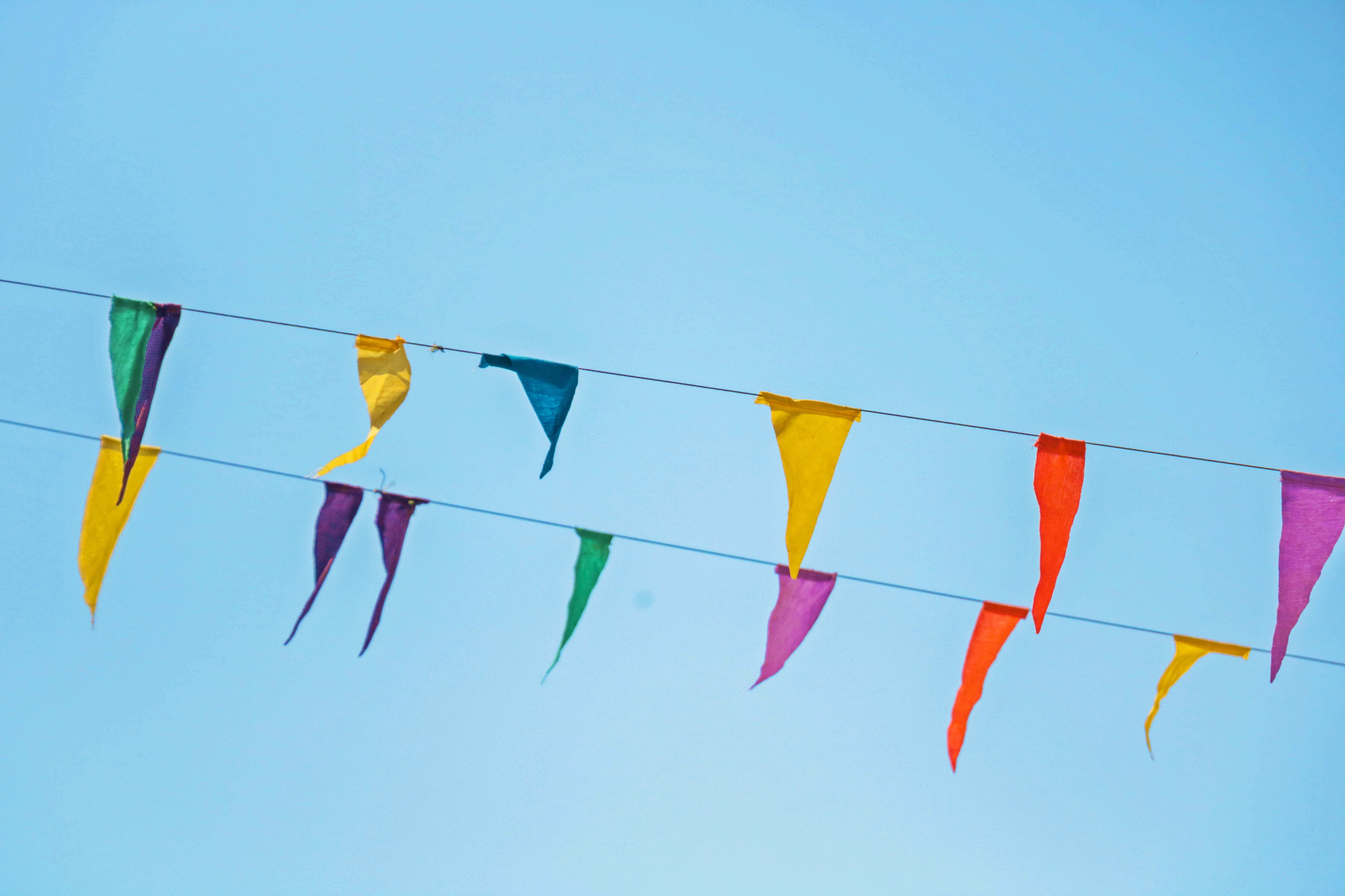 in a row, no people, nature, decoration, color, wind, flag, streamer, hanging, rope, multi colored, triangle shape, bunting, string, songkran, clothing, HD Wallpaper