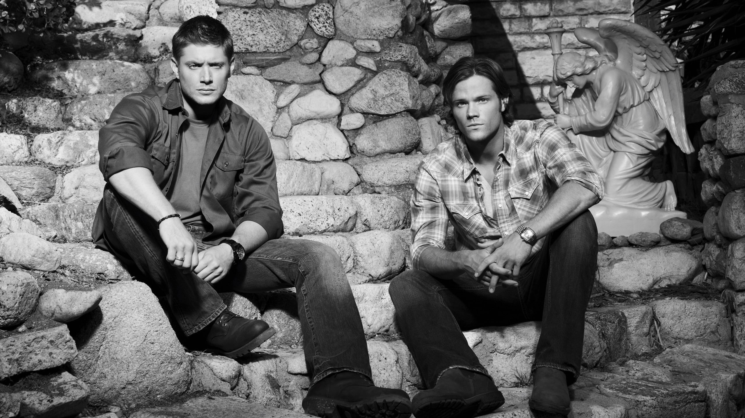 black and white, Over The Padalecki Jared, Jensen Ackles, men, 2K, Supernatural, HD Wallpaper