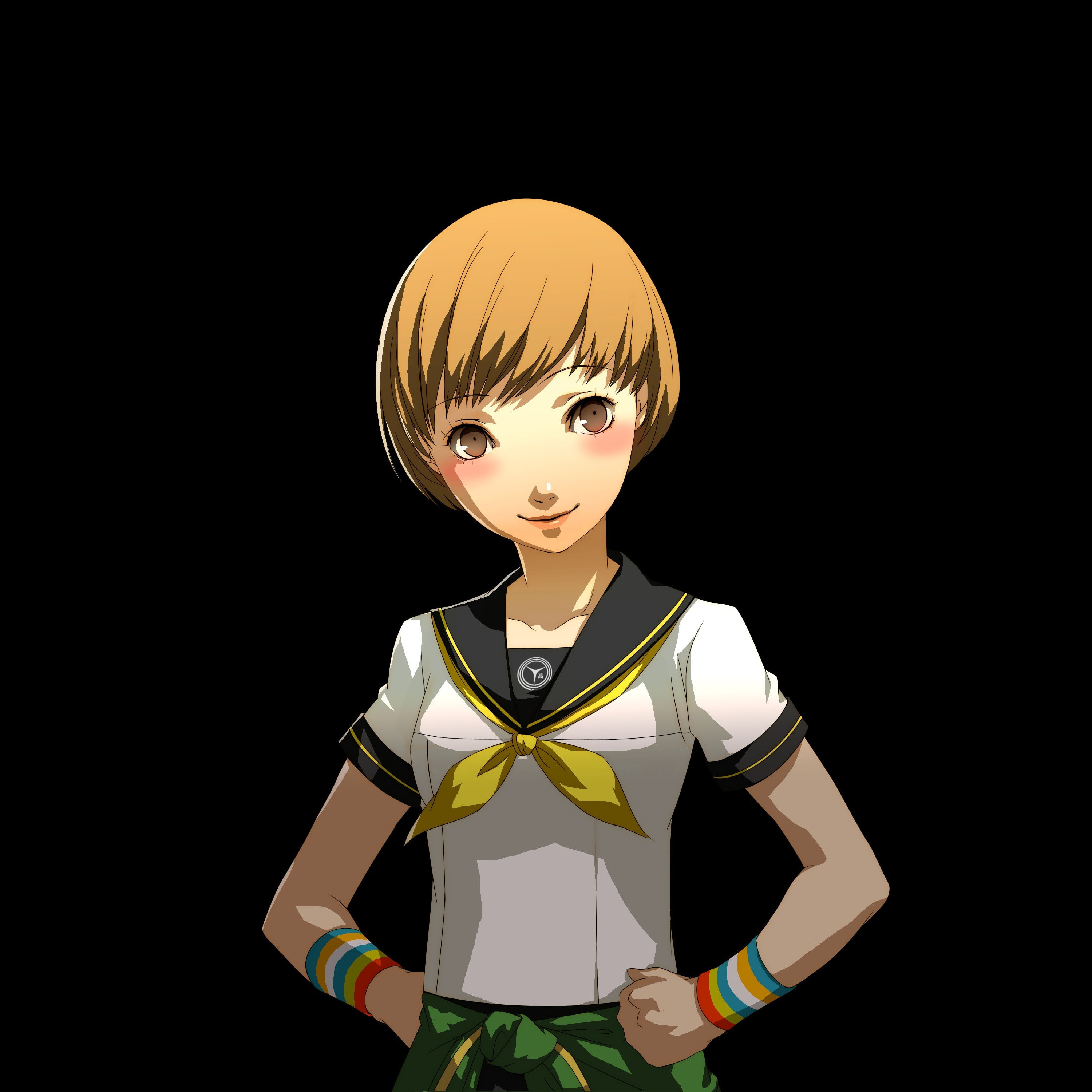 front view, 2K, one person, Satonaka Chie, copy space, shirt, studio shot, standing, school, Persona series, black background, fashion, emotion, childhood, Phone HD Wallpaper