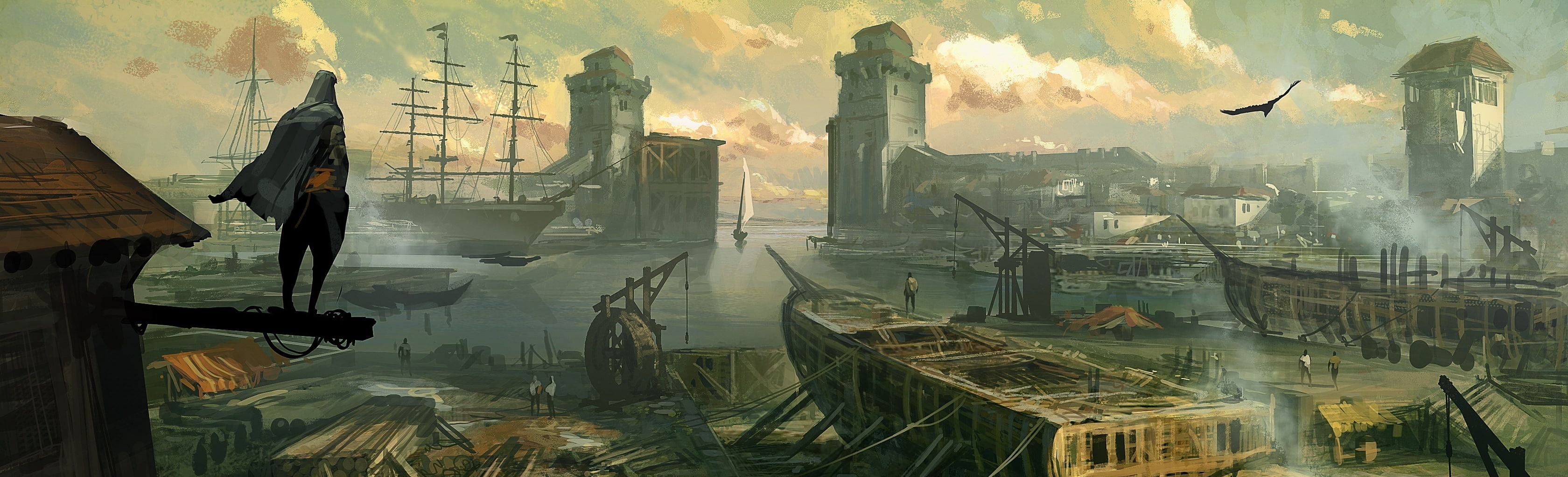 sky, Assassins Creed, air pollution, building exterior, smoke - physical structure, s, water, industry, assassins creed revelations, architecture, assassins creed revelations concept art, HD Wallpaper