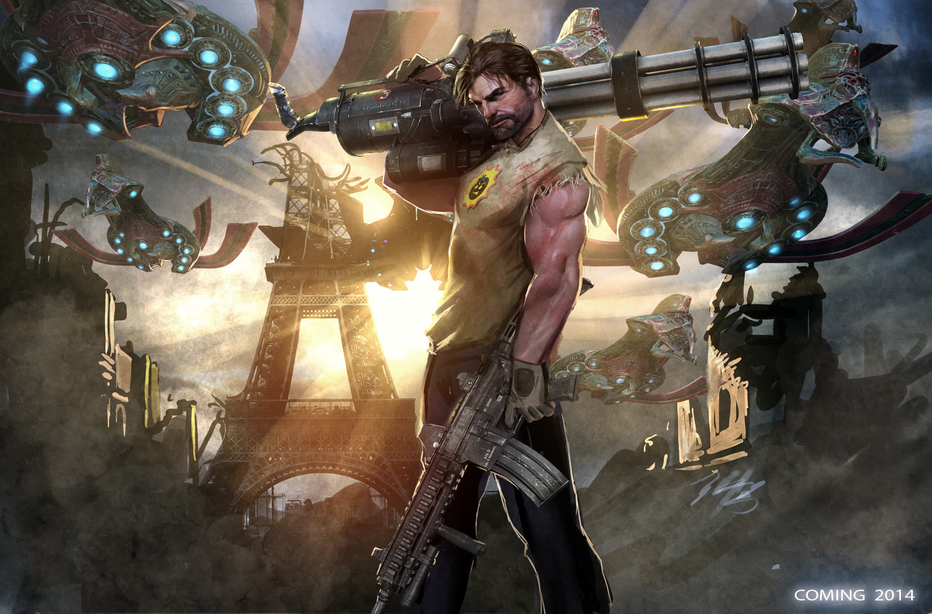 real people, man, lighting equipment, standing, indoors, weapons, Eiffel tower, adult, Serious Sam 4, art and craft, figure, rifle, Alien ships, HD Wallpaper