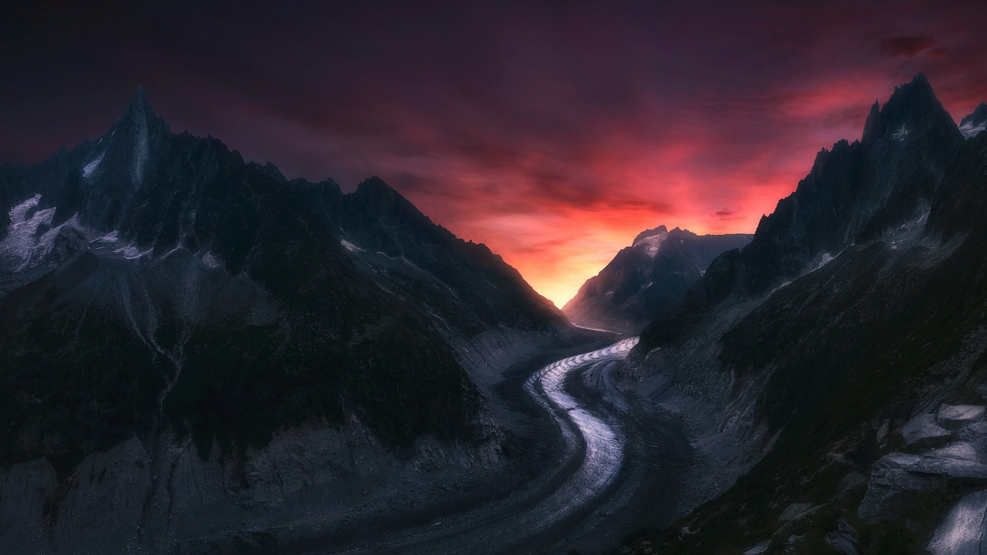 sunset, beauty in nature, no people, idyllic, landscape, flowing water, astronomy, France, mountains, rage, water, mountain, photo, cloud - sky, long exposure, HD Wallpaper