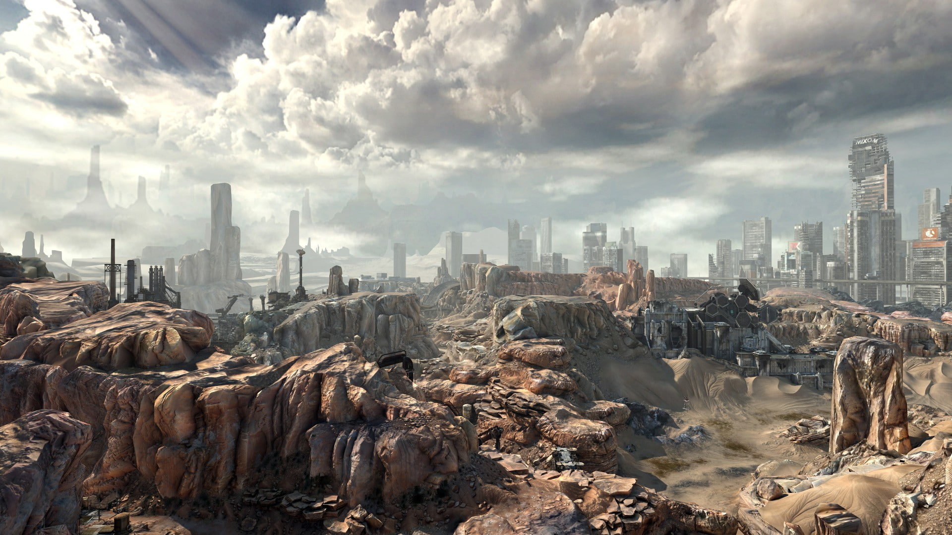 1080P, rage, hd, video games, buildings, stones, rocks, clouds, HD Wallpaper