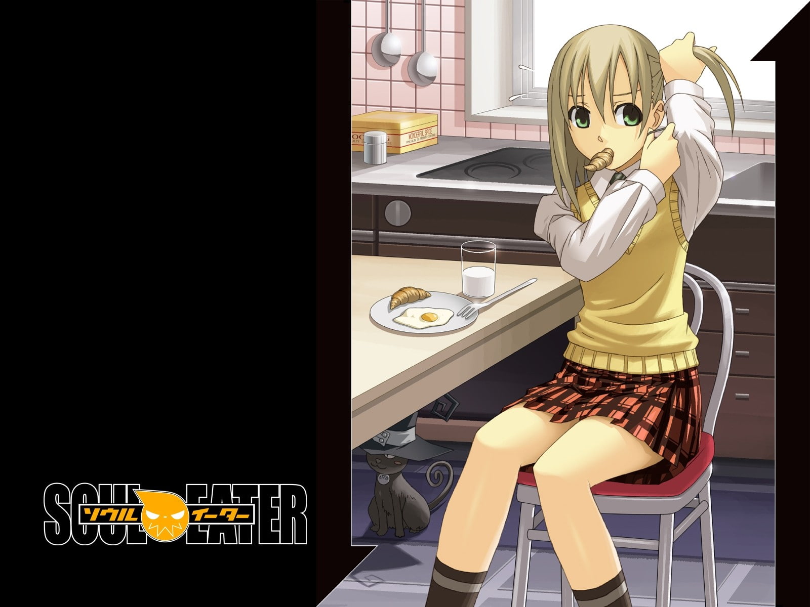 chair, real people, anime girls, Maka Albarn, anime, 720P, food, full length, glasses, eggs, seat, front view, one person, young adult, casual clothing, HD Wallpaper