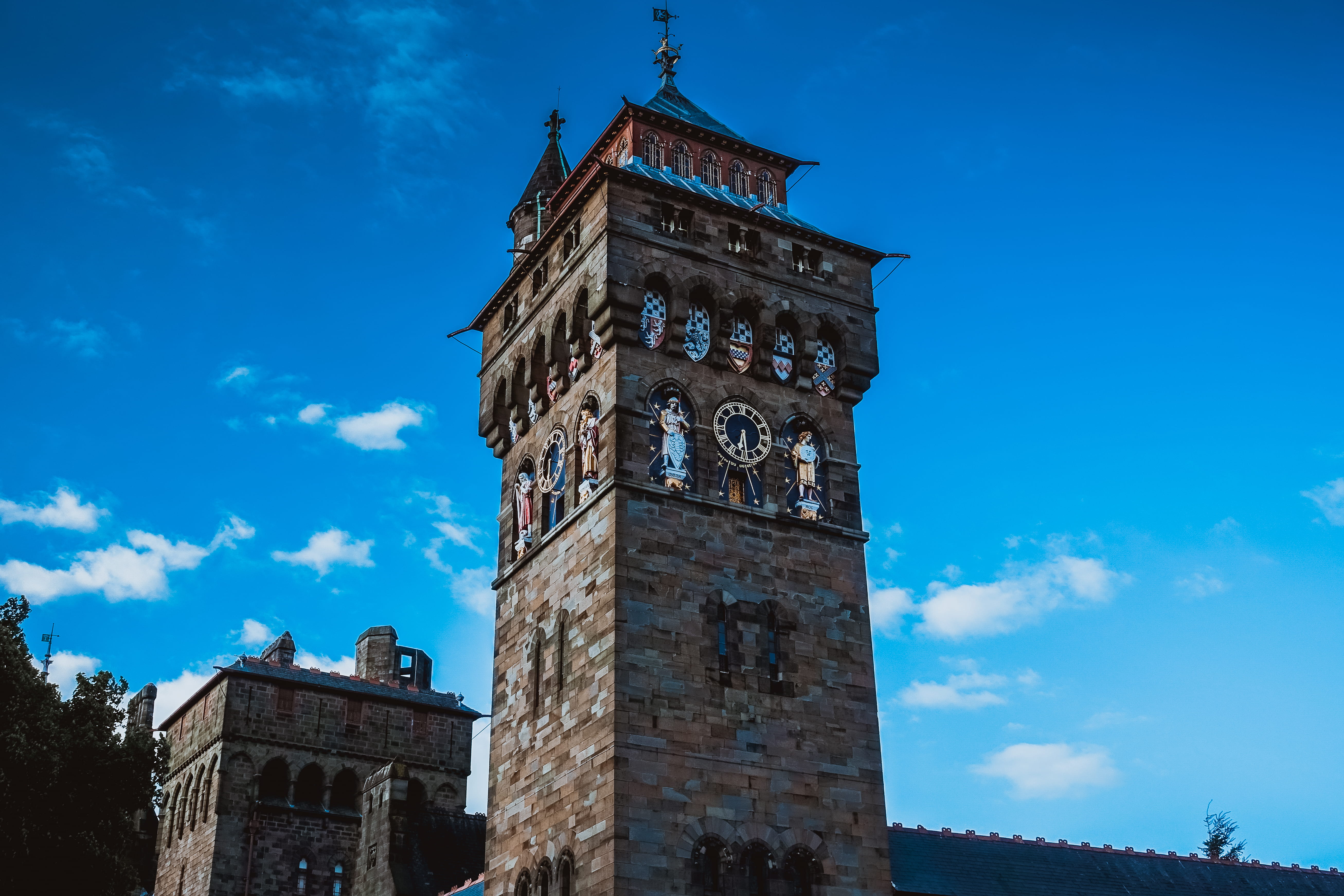 no people, day, travel destinations, time, building, blue, cloud - sky, cardiff, 5K, old, sky, outdoors, clock, architecture, the past, clock tower, history, HD Wallpaper