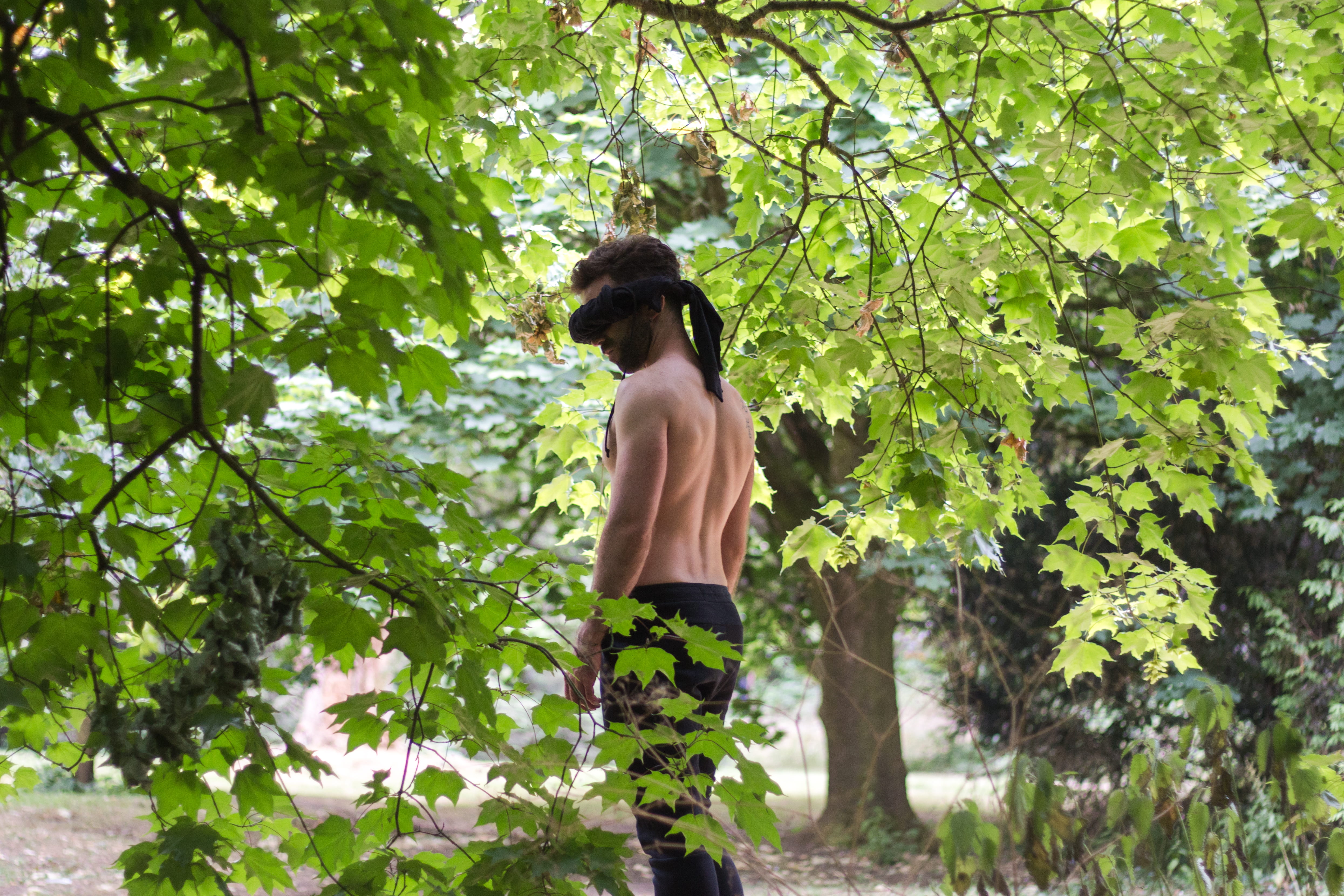 three quarter length, fit, rear view, standing, blindfold, casual clothing, growth, outdoors, parc bute park, nature, real people, united kingdom, green color, HD Wallpaper