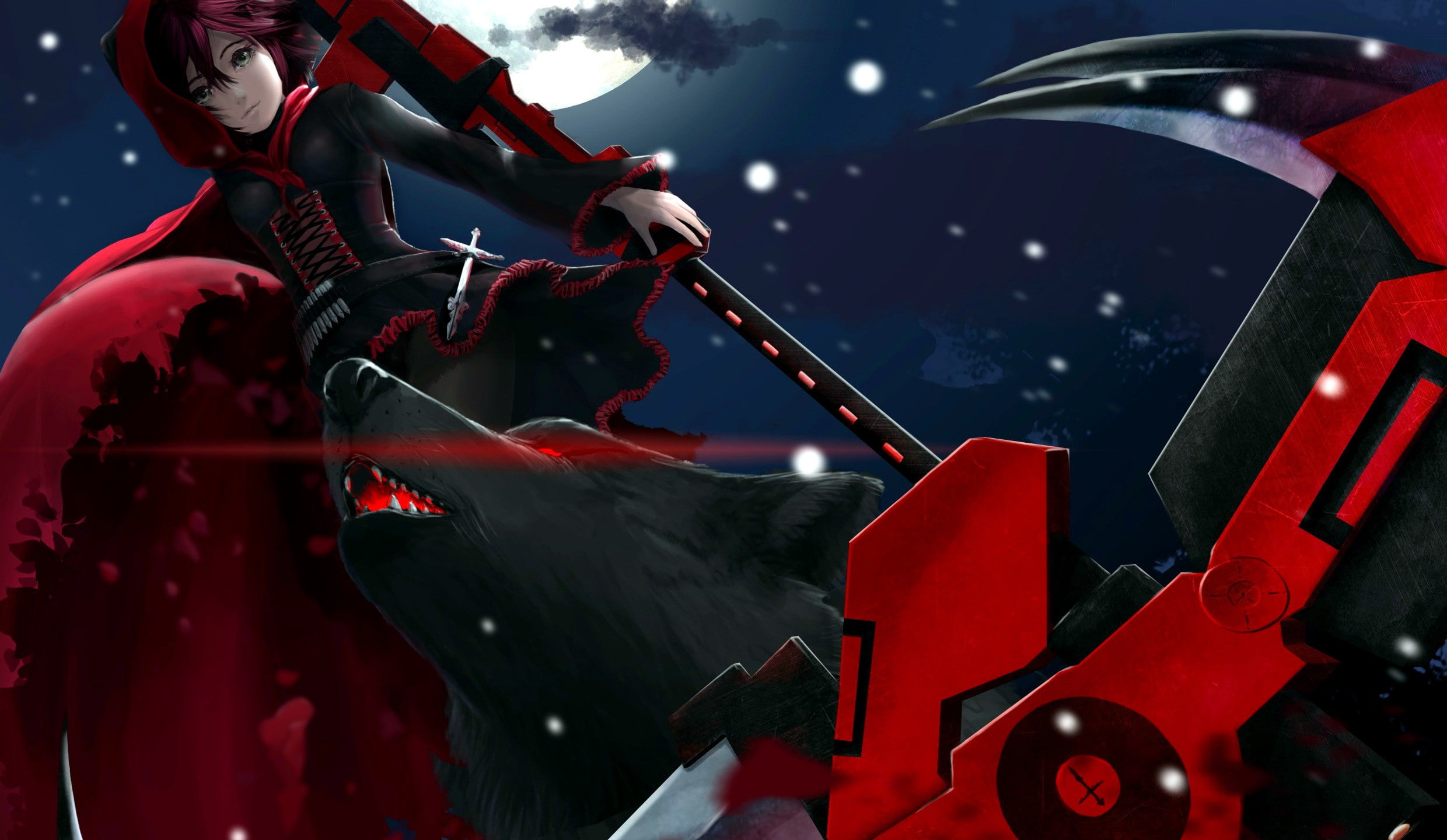 sky, anime, group of people, red, 1080P, outdoors, redhead, arts culture and entertainment, occupation, night, mode of transportation, scythe, ruby rose, HD Wallpaper