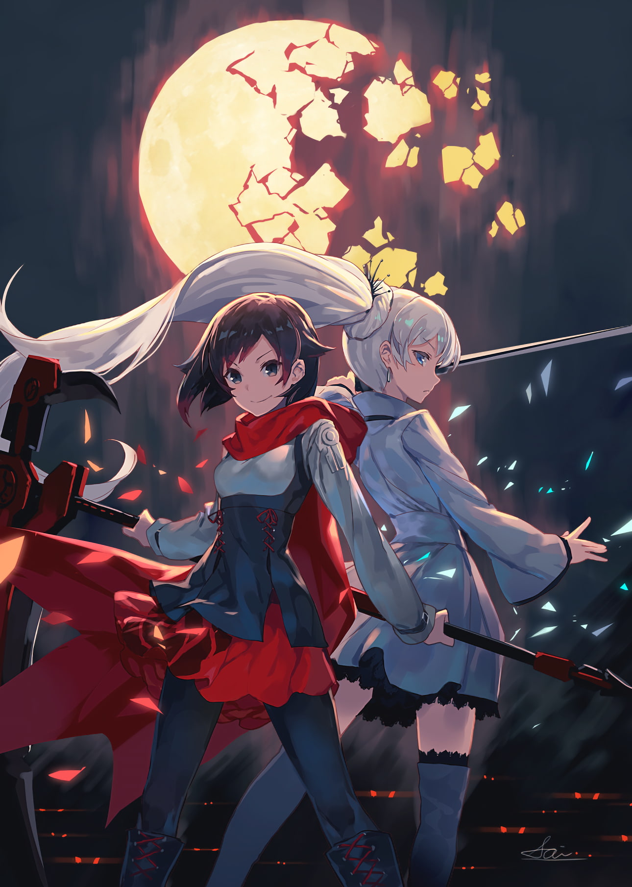 720P, Moon, anime girls, short hair, brunette, anime, RWBY, gray hair, stockings, long hair, weapon, Phone HD Wallpaper