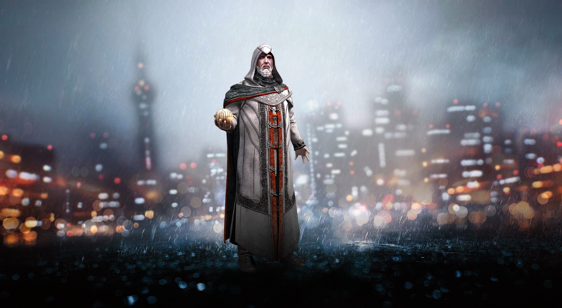 snowing, human representation, battlefield, fog, no people, city, digital, art and craft, assassin, street, wet, rain, Assassins Creed, cityscape, HD Wallpaper